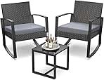 3 Pieces Patio Furniture Set Rocking Bistro Set Outdoor Rattan Conversation with Coffee Table for Garden Balcony Backyard Poolside (Grey Cushion)