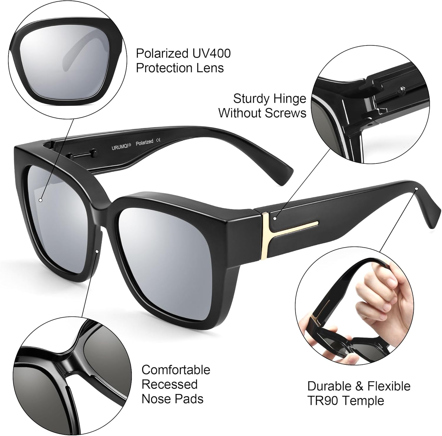 URUMQI Polarized Sunglasses Fit Over Glasses for Women, UV400 Protection Wrap-around Shades Trendy Oversized Square Lens - Image 5