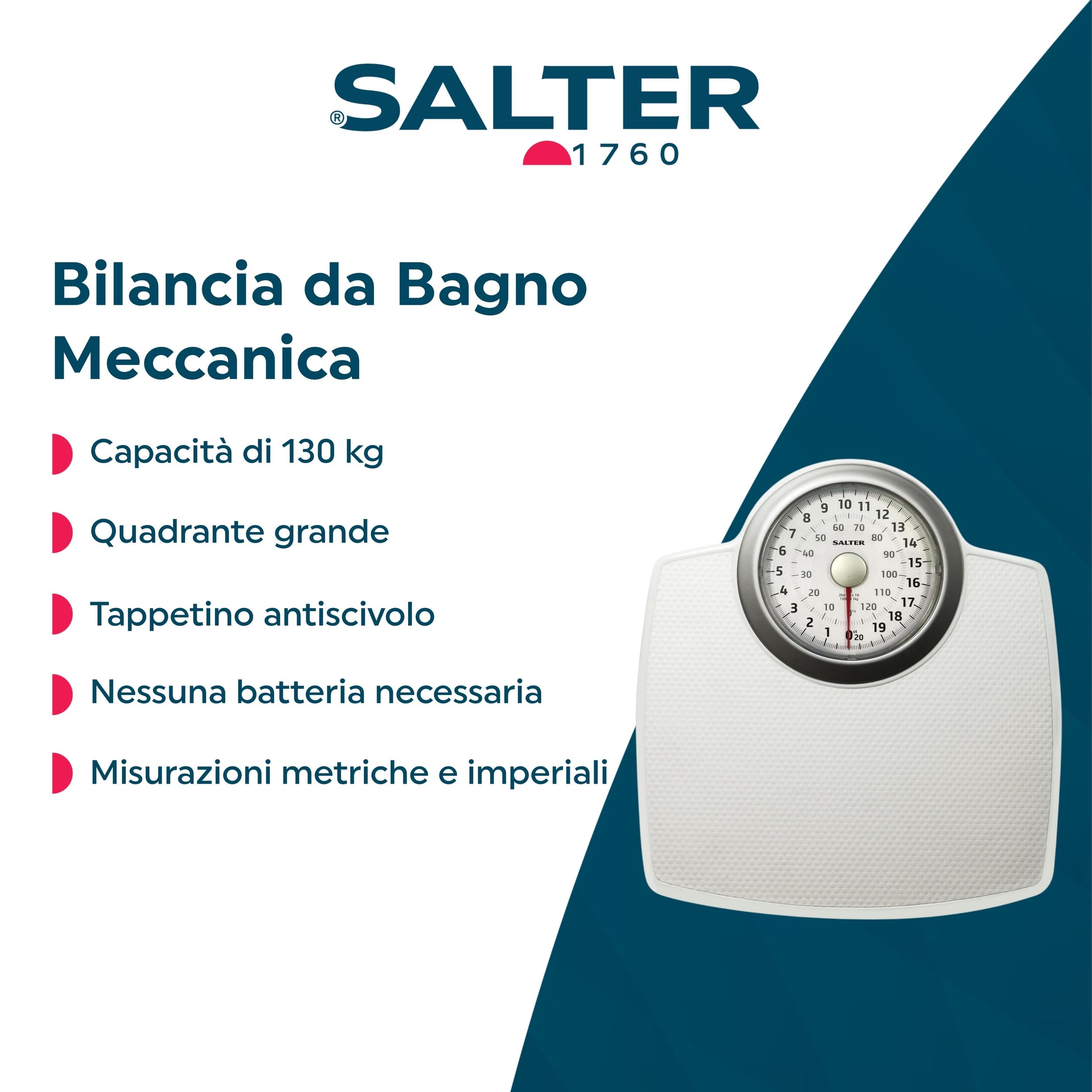 Salter 144 WHSVDR - Bilance da bagno meccaniche, numeri grandi, qualità premium, bilancia persona, capacità masima di 130 kg, quadrante grande, piattaforma spaziosa, bianco