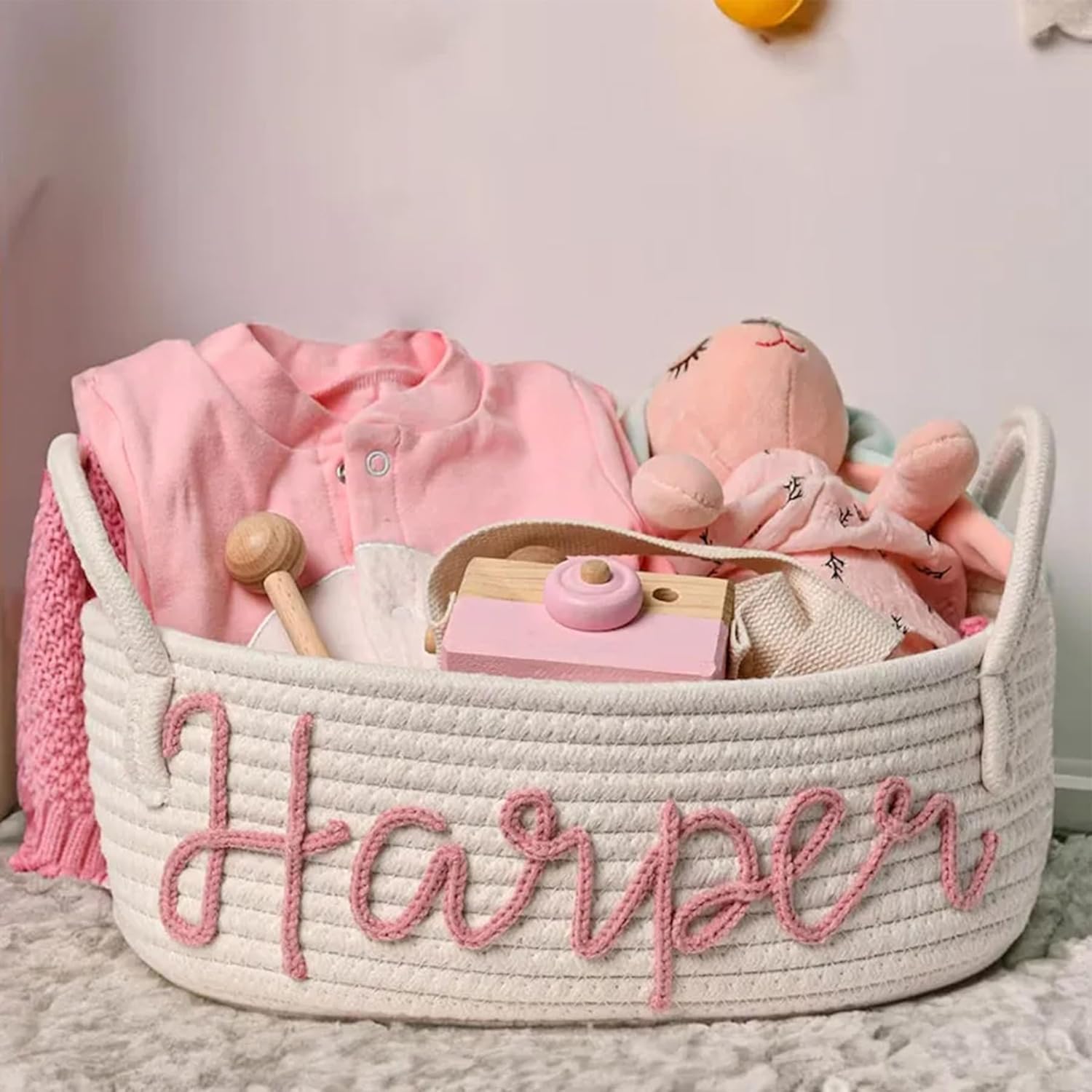 Personalized Baby Name Basket Custom Baby Diaper Stuff Organizer with Cotton Rope Handle Baby Shower Gift Nursery Storage Bin Solution(Style C)