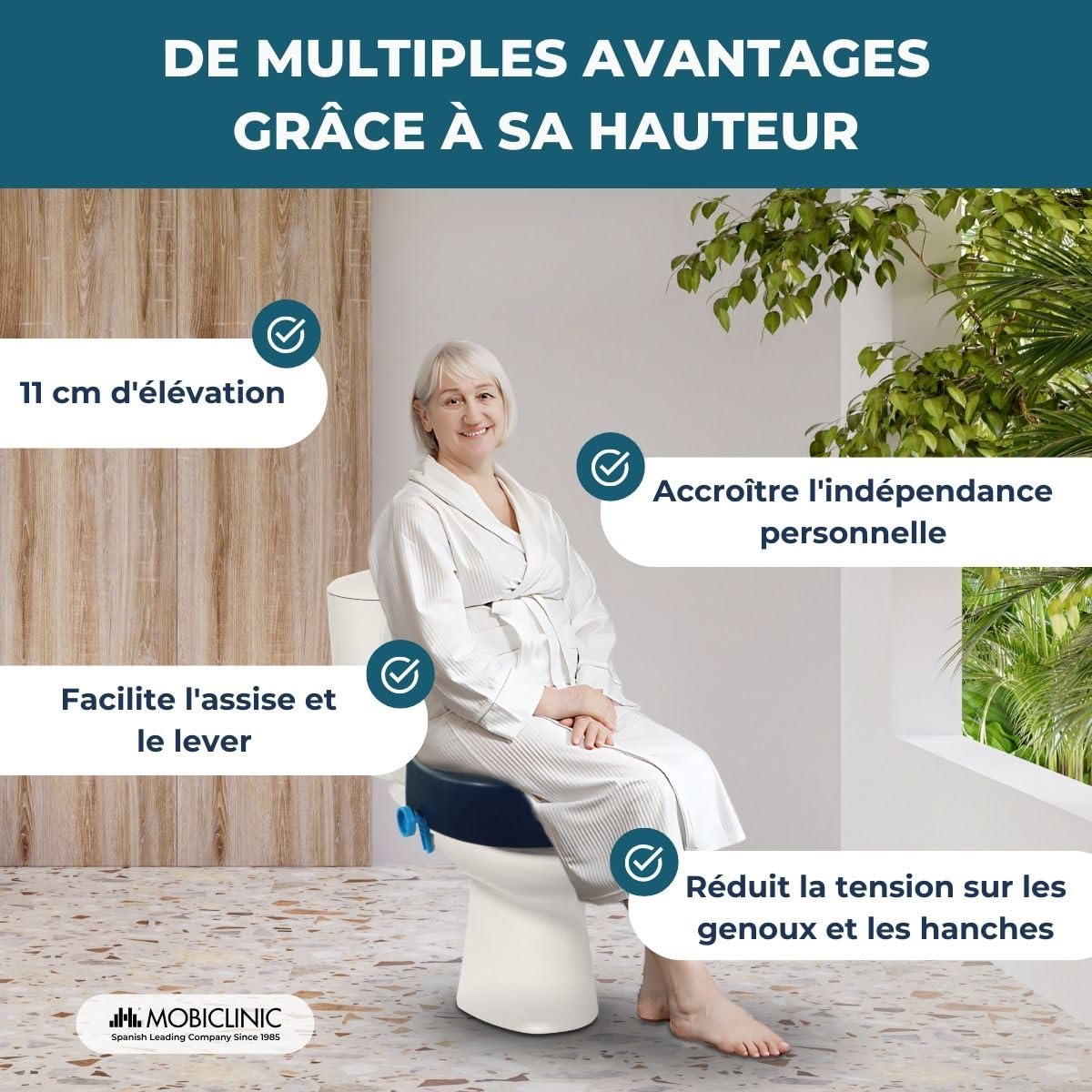 Mobiclinic, Rehausseur wc adulte, Mod. río, Marque européenne, Toilettes pour adultes, Souple, Hauteur 11 cm, Système de fixation latérale, Siège surélevé, Bleu