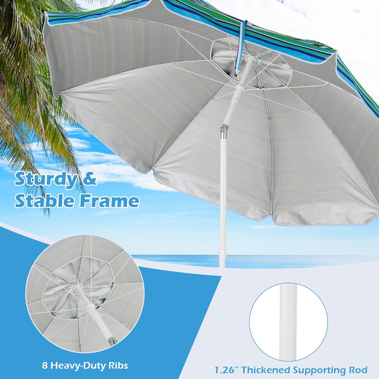 Tangkula 7.2 FT Beach Umbrella, Portable Outdoor Umbrella with Sand Anchor, Adjustable Tilt, Steel Pole, Carrying Bag, Outdoor Sunshade Shelter with Cup Holder for Beach, Poolside (Green)