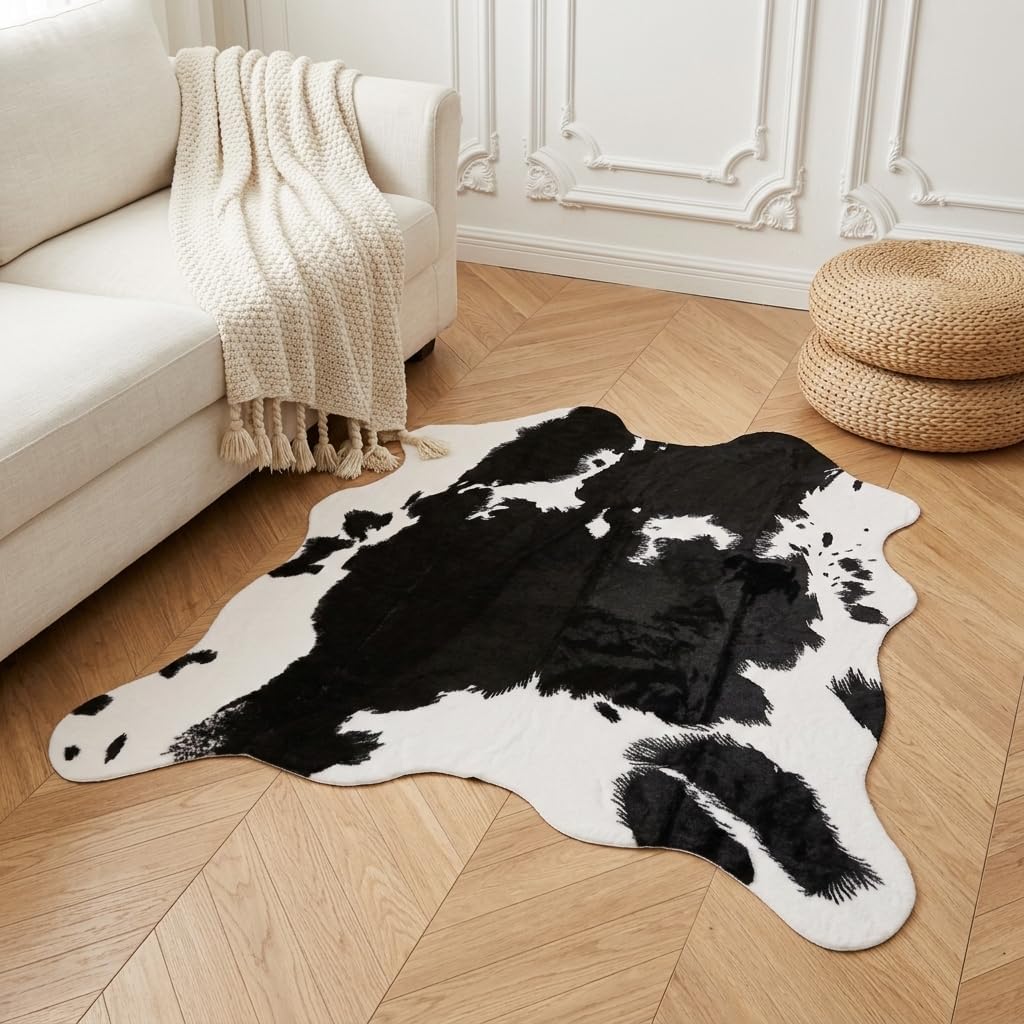 Cow Print Area Rug, Faux Cowhide Rug, Modern Farmhouse Western Living Room Bedroom Carpet Decor, Non-Slip 4'7" x 5'3"（140x160cm）