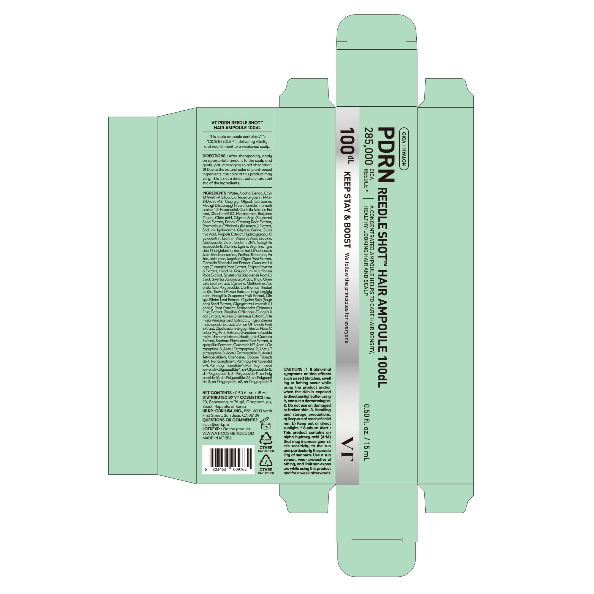 VT COSMETICS PDRN Reedle Shot Hair Ampoule 100dL – Ampoule Capillaire CICA REEDLE™ PHYTO PDRN Panax Soin Cuir Chevelu