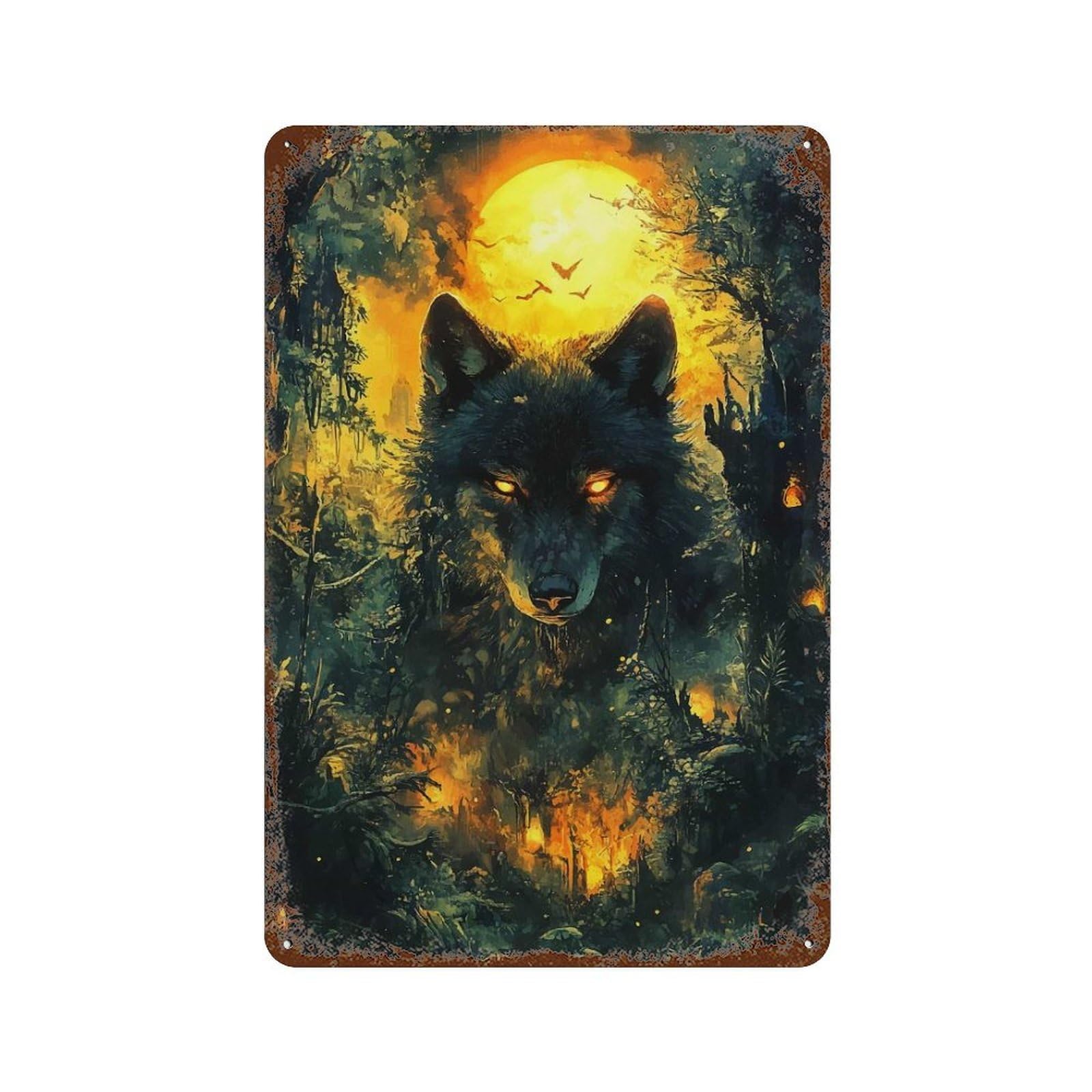 Wolf in The Forest 11.8"x7.9" Weathered Tin Sign, Shabby Chic Decor for Cafe, Home Bar And Lounge Decor