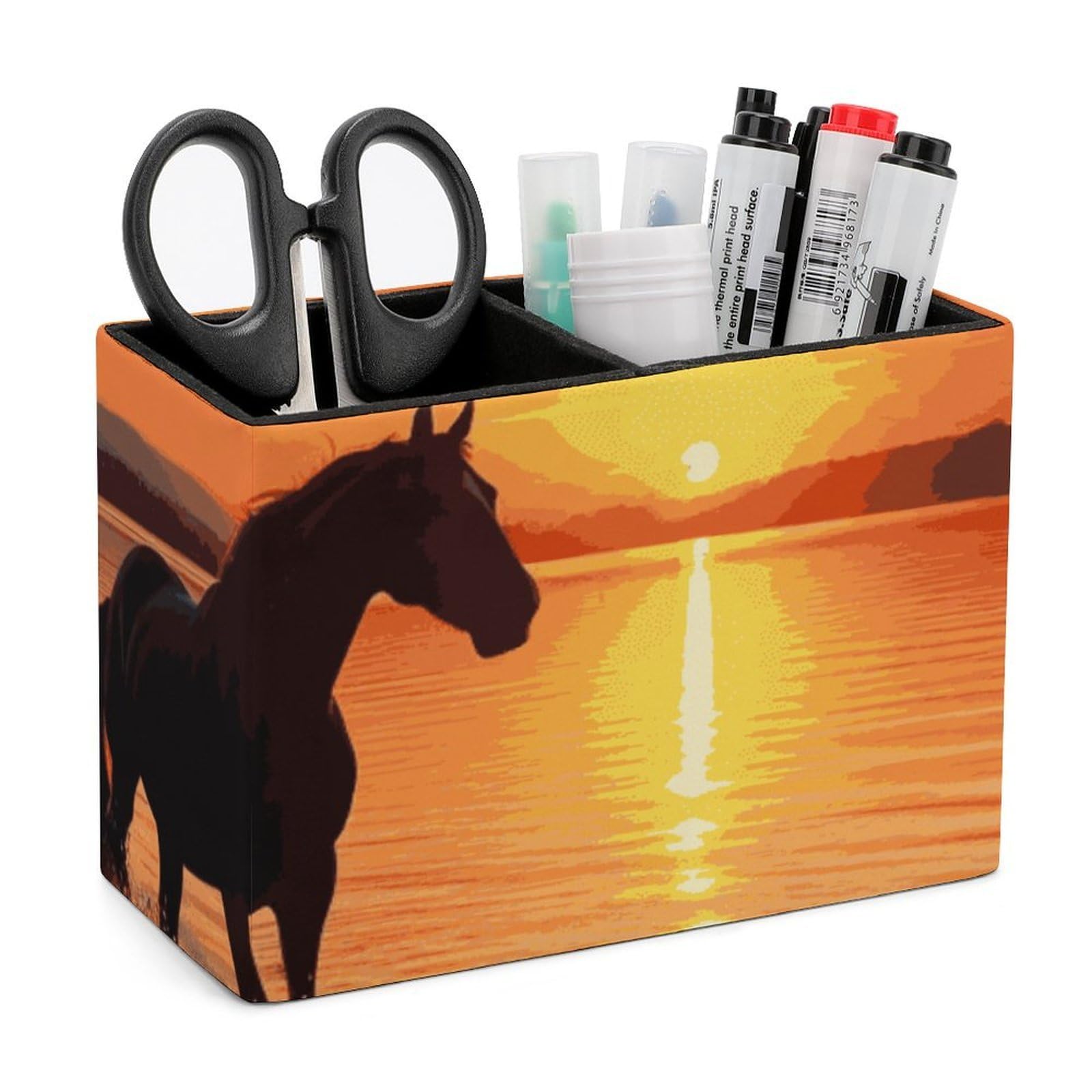JTREHY Sunsets Lake Horses Pencil Holder Exquisite Fashion Leather Pen Receptacle Soft High-End Pen Container for Office Home Accessories Or Housewarming Present