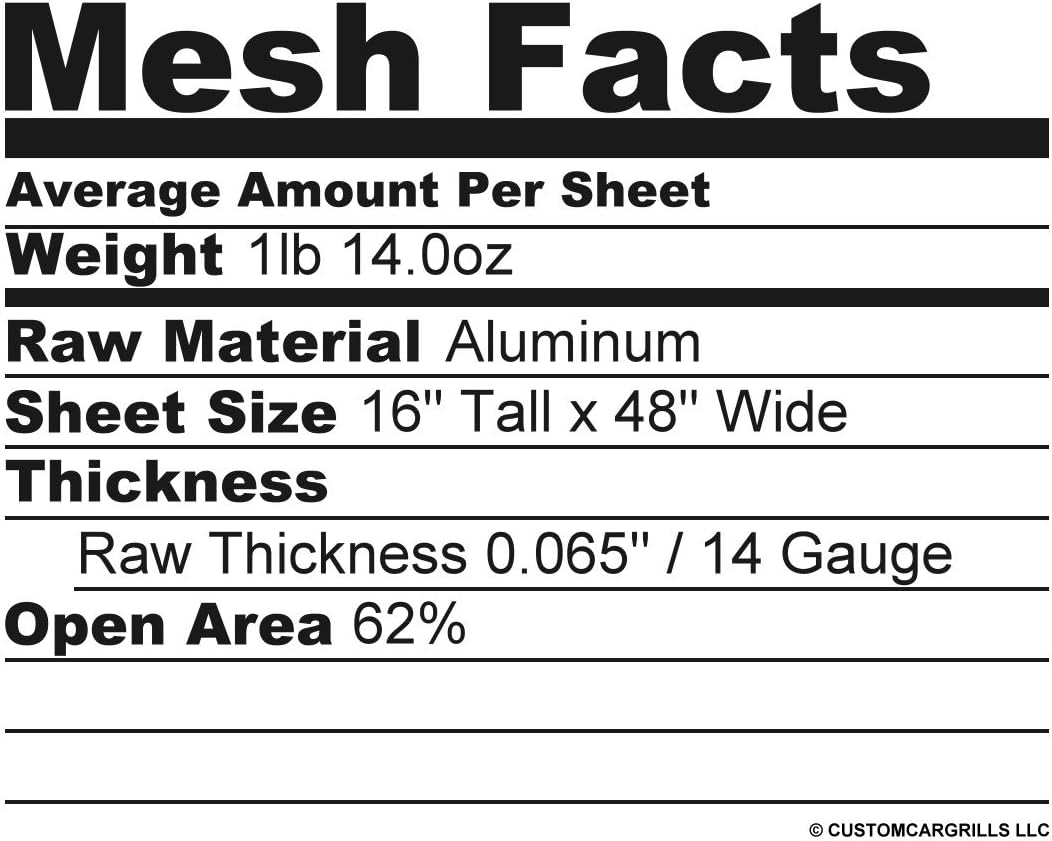 customcargrills 16"x48" Perforated GT Grill Mesh Sheet - Silver - Shipped Flat, 0.37 x 0.75 inch ellipse hole opening, 0.065" thick raw Aluminum, Made in USA