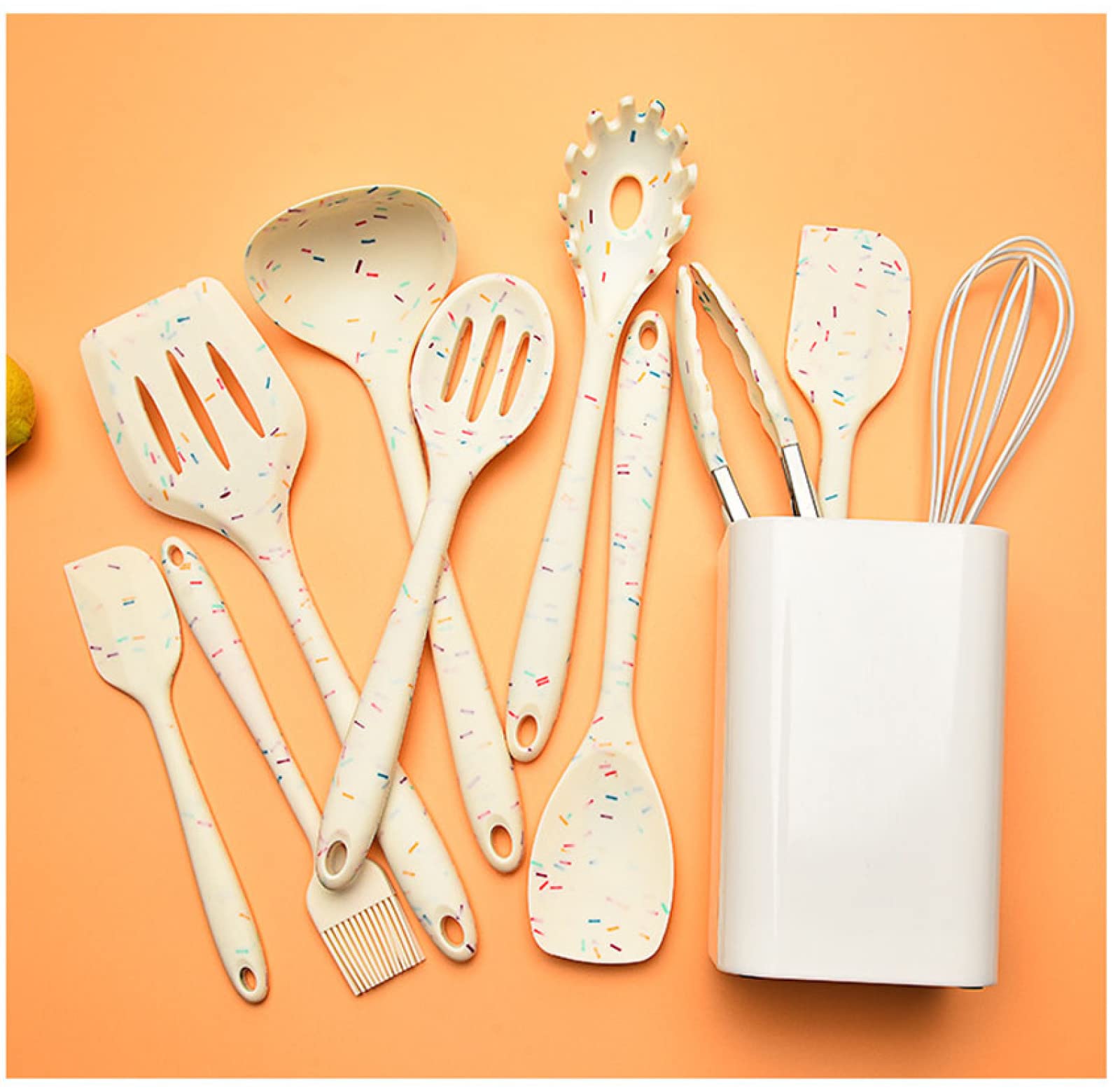 Juego de utensilios de cocina de silicona, espátula antiadherente, mango de madera, utensilios de cocina, 10 unidades, color blanco