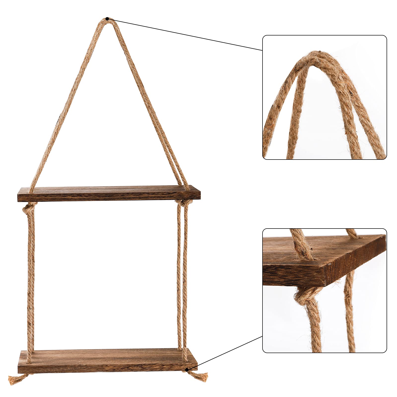 ZOOFOX Set of 2 Wood Hanging Shelf, 2 Tier and 3 Tier Jute Rope Wall Hanging Floating Shelf - Image 4