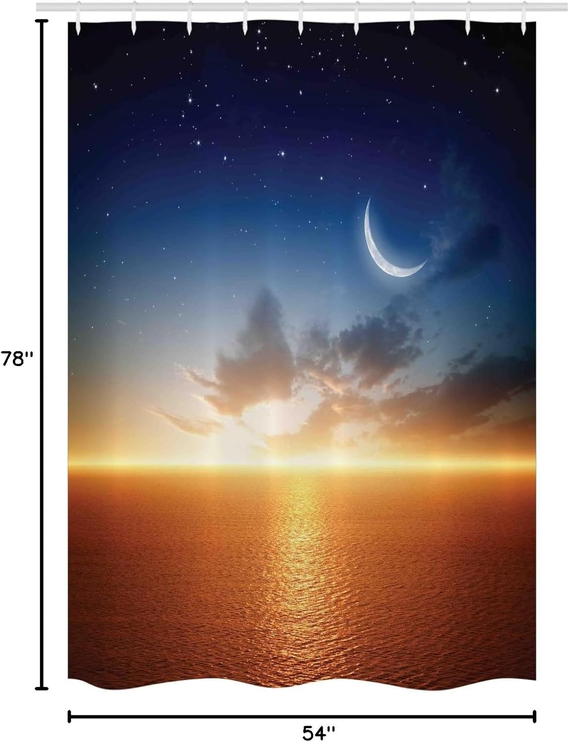 Ambesonne Ocean Stall Shower Curtain, Sunset Sky with Moon and Stars Horizon Scenery Fantasy View Art Print, Fabric Bathroom Decor Set with Hooks, 54" W x 78" L, Navy Yellow Orange