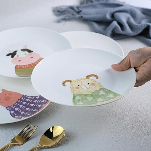 Miniatura 6 de Lindos platos de cena de cerámica con patrón de animales de dibujos animados, juego de 4 cerdos, ovejas, vaca, 8 pulgadas