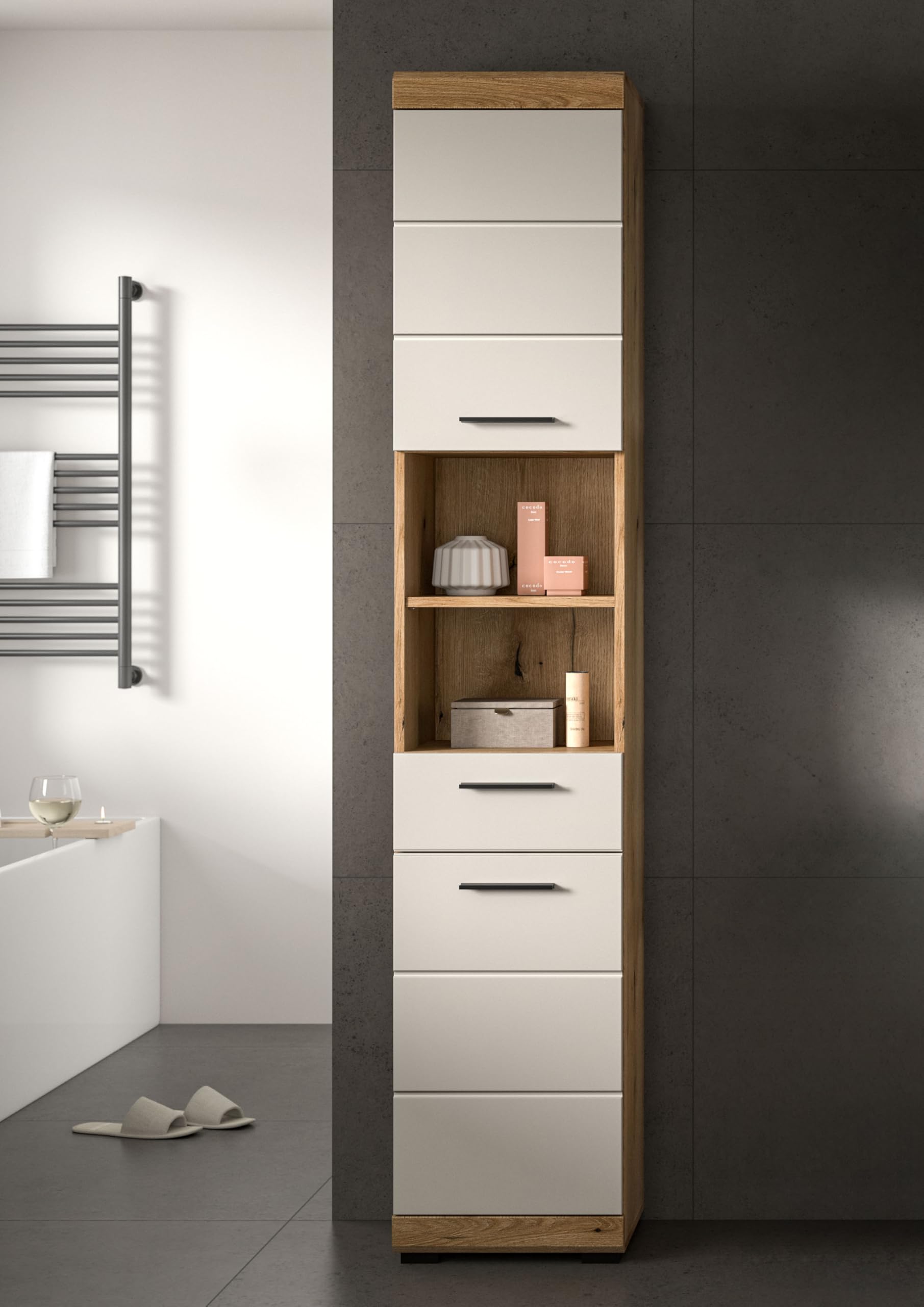 xonox.home – Hochschrank Scout 37x191x31 cm in Evoak Oak und Kaschmir Nachbildung matt – Schmaler Bad-Hochschrank mit viel Stauraum – modern – Bild 6