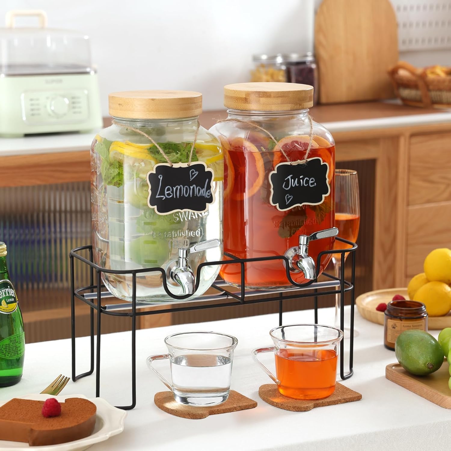 2 dispensadores de bebidas de 4 litros con soporte, dispensador de bebidas de cristal con grifo de acero inoxidable sólido para té helado, agua, bebidas caseras, fiestas, bodas
