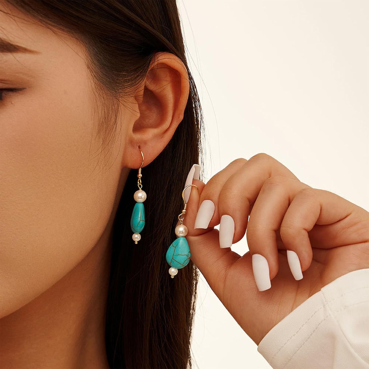 Colloca Turquoise Pearl Dangle Earrings for Women, 925 Sterling Silver Hook Teardrop Earrings, Boho Drop Earrings, Gift Box included - Image 2