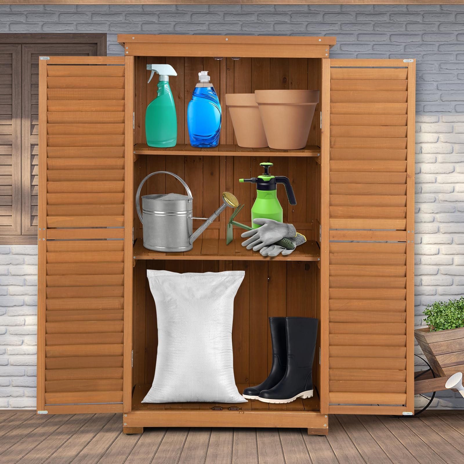 RELAX4LIFE Gartenhaus, Geräteschuppen Holz, Gerätehaus Wetterfest, Gartenschrank mit 3 Ausnehmbaren Regalen & Holzriegel, Holzschuppen mit Asphalt Satteldach, 87 x 47 x 160 cm