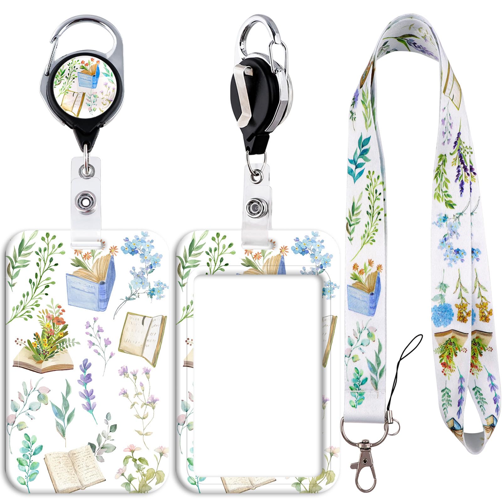 Book Lanyard ID Badge Card Holder with Retractable Badge Reel Carabiner Clip Neck Strap Key Lanyard Plastic Case Name Pass Sliding Badge Holder
