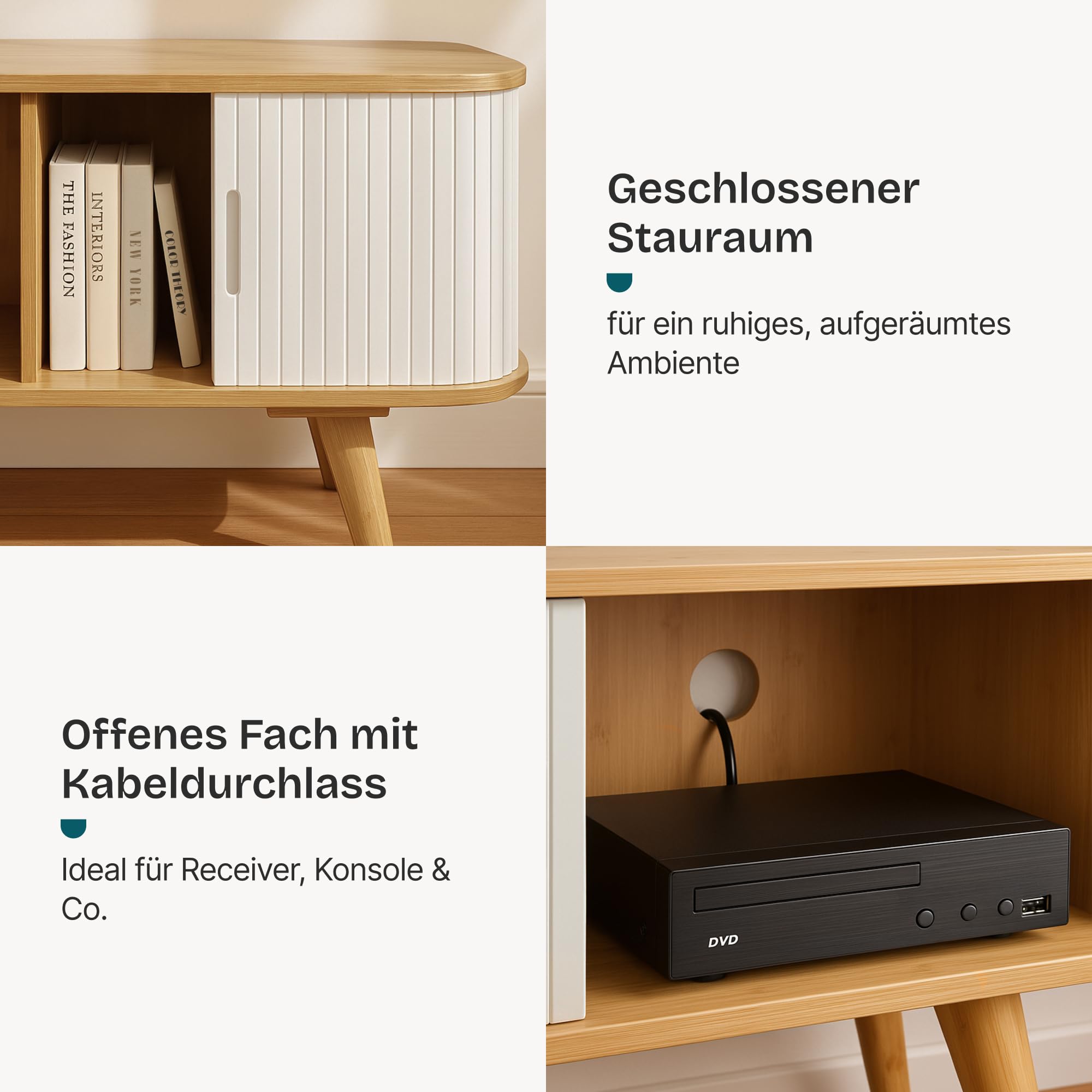 [en.casa] TV Schrank Tysvær Lowboard mit 2 Schiebetüren Cremeweiß Fernsehtisch mit Kabeldurchlass TV Kommode Fernsehschrank 120 x 40 x 58 cm Bambus
