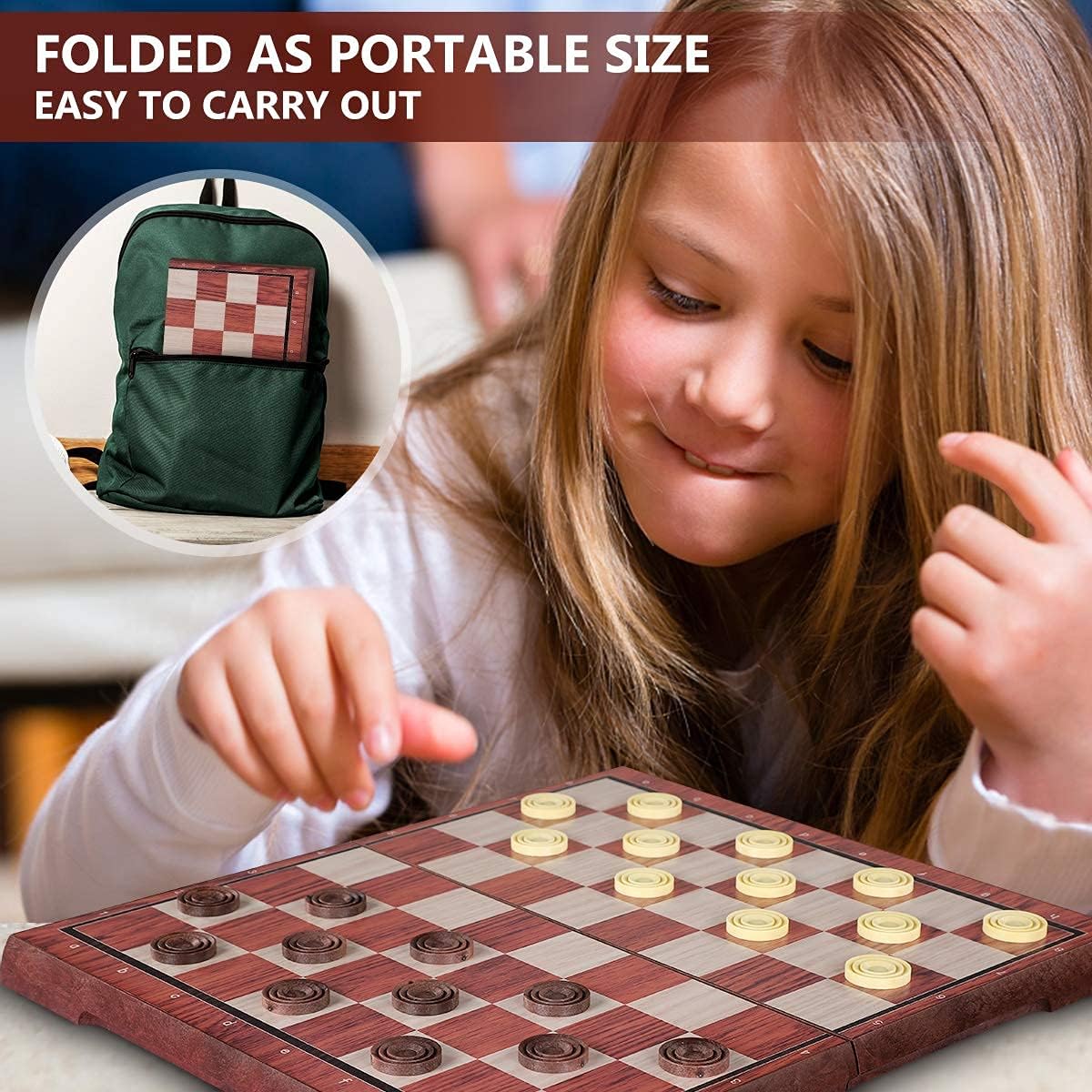 iBaseToy Magnetic Travel Chess Set, 2 in 1 Chess and Draughts Set Chess Checkers Game Set for for Kids and Adults, Foldable/Portable Board with 2 Storage Bag - 36 x 31cm