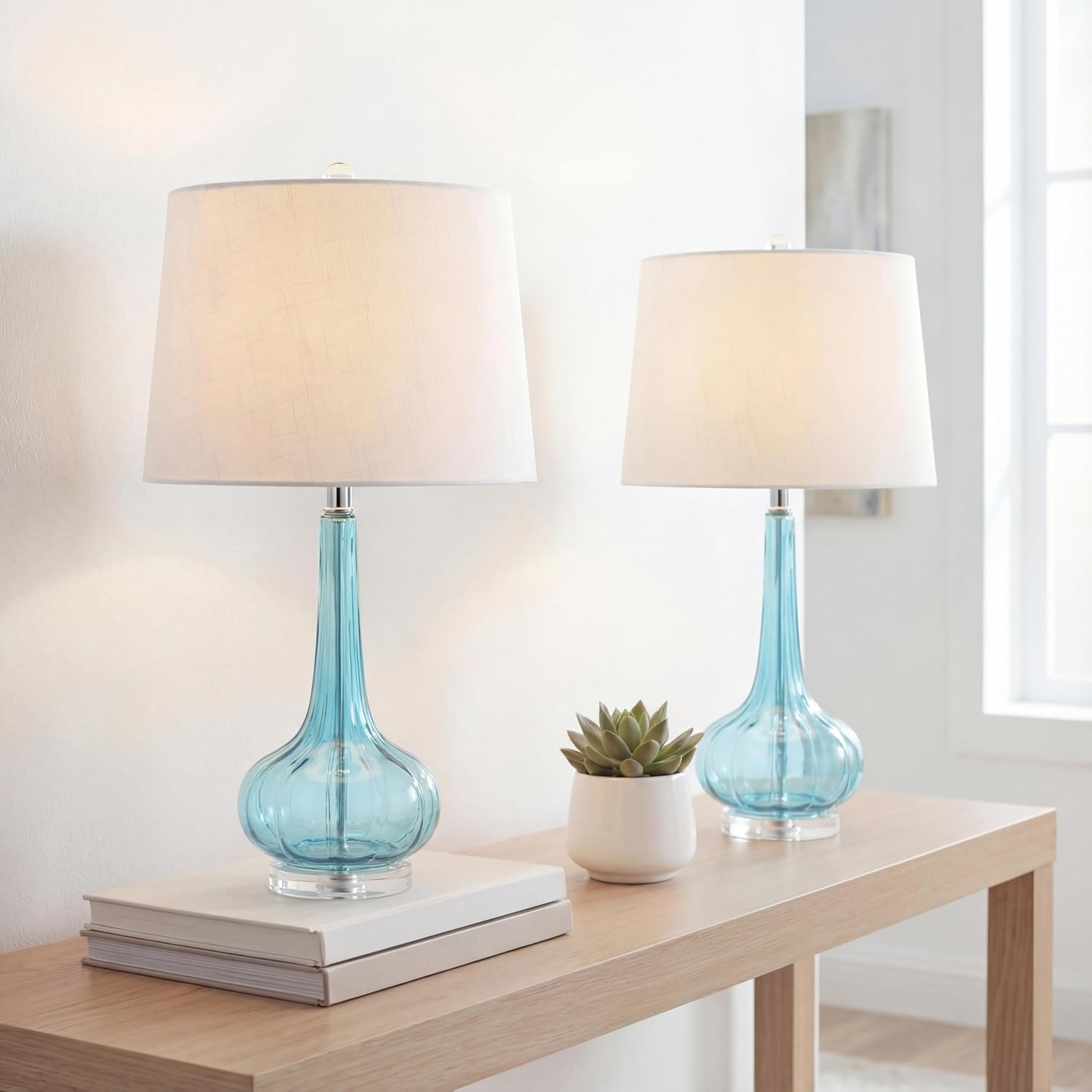 JONATHAN Y 28.5" Aqua Glass Teardrop LED Table Lamp Set of 2 for Living Room Bedroom Nightstand, White Linen Shade Modern Transitional Bedside Desk Lamp (JYL1079B-SET2)