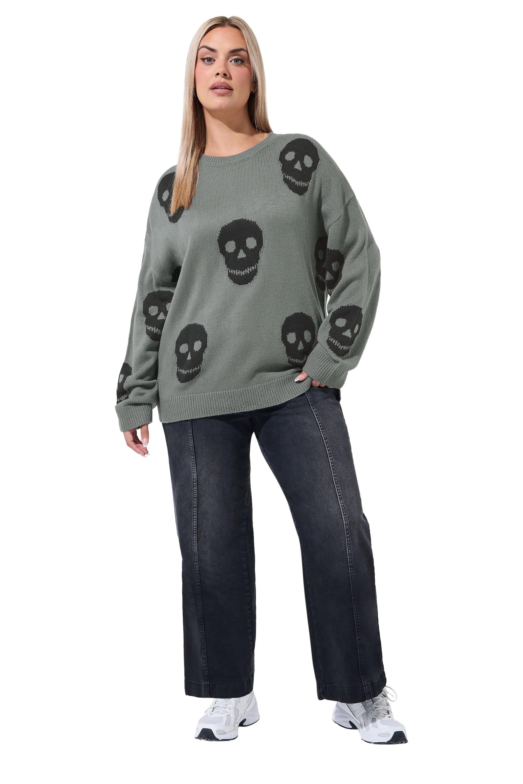 Yours Women's Dark Grey Skull Print Knitted Jumper In | Size: 18/20
