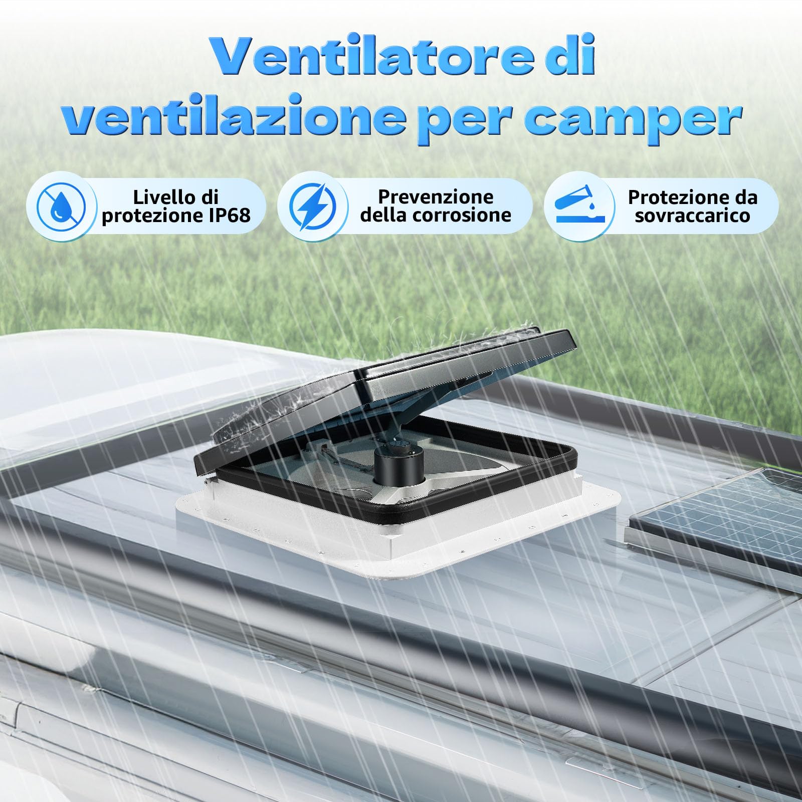 Finestra da tetto per camper 28x28 cm ventilazione insonorizzata ventola estrazione aria manuale LED 30W 12V