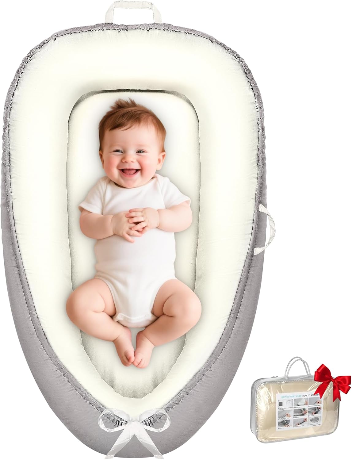 Baby Lounger - Baby Lounger for Newborn 0-24 Months, Breathable and Soft Cotton Cover Baby Nest, Portable Infant Lounger for Tummy Time Floor Playing Seat for Home and Travel, Beige