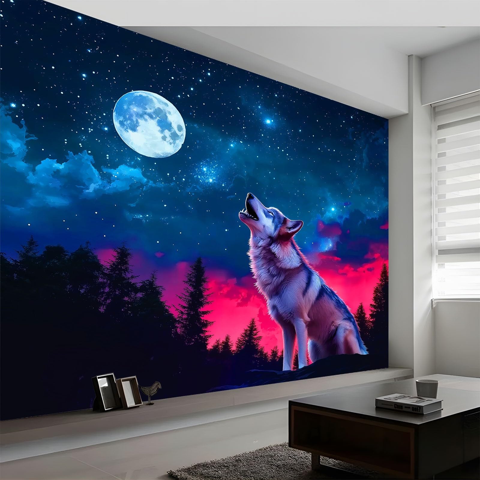 Fantasy Art Wall Mural 300 x 210 cm Photo Wallpaper, Night Sky Forest Starry Wolf Non-Woven Wall Mural Poster Modern Design for Living Room Bedroom Children's Room Corridor Decoration