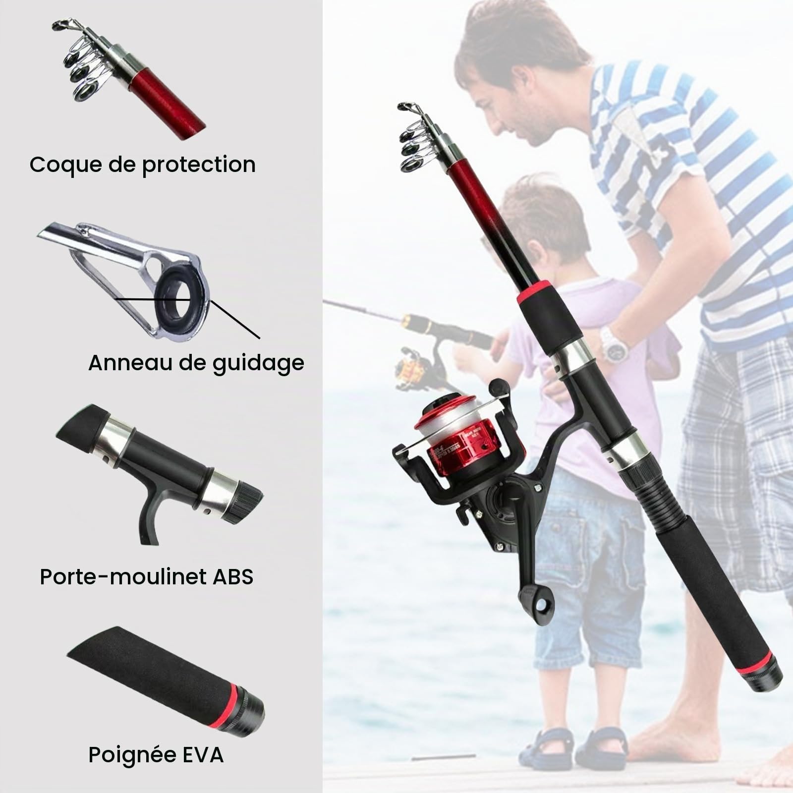 Kit de pêche complet pour enfants de 3 à 10 ans avec moulinet, leurres et sac de transport, 1,5 m