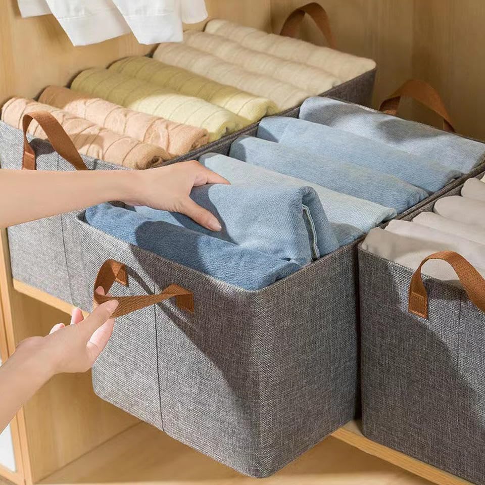 Image of ALLWIN HOUSEWARE W Foldable Cloth Storage Cubes Organizer With Handles Steel Frame Collapsible Clothes Organizer Storage Box For Wardrobe,Books,Saree,Shirts,& Blankets Storage Box (Grey,Pack Of 4)