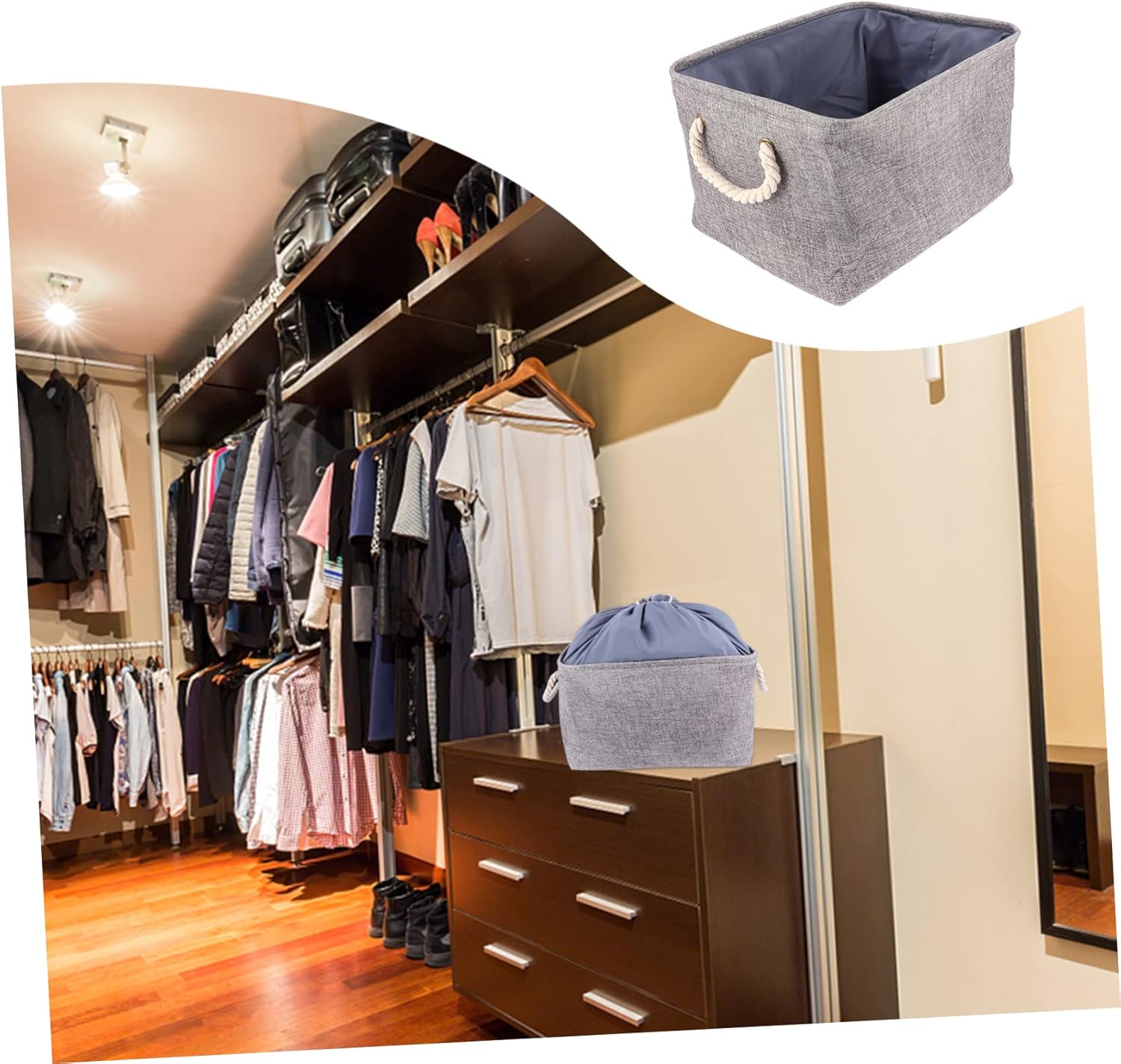 Sosoport Foldable Linen Storage Bin with Drawstring Closure Sundry Organizer Basket for Home Laundry and Storage Gray Cotton Container with Handles for Easy Carrying and Dust Protection