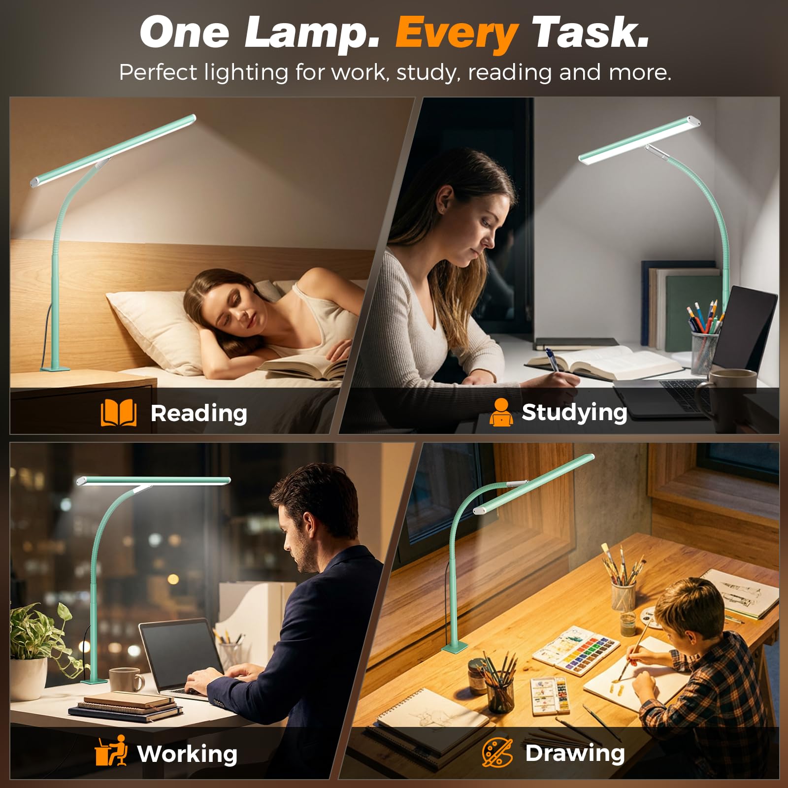 Airlonv LED Desk Lamp with Clamp, 17" Stepless Dimming Light, Mint Green view 5