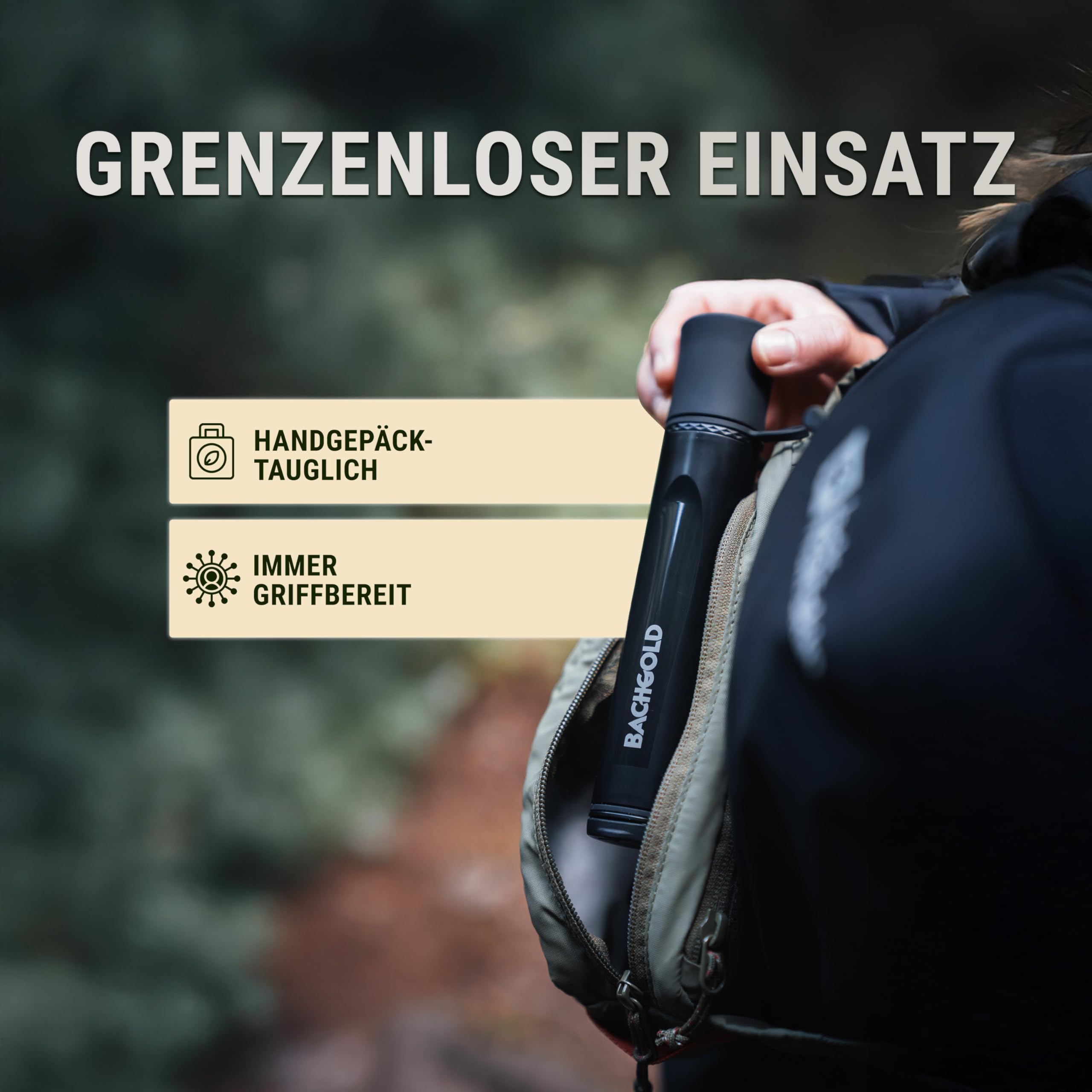 Bachgold Straw Wasserfilter Outdoor Survival – Entfernt 99,99% Viren, Bakterien & Protozoen – 2-Stufen Elektroadsorption mit 70 cm Schlauch – Ultraleicht, für Camping, Wandern & Notfall, Schwarz