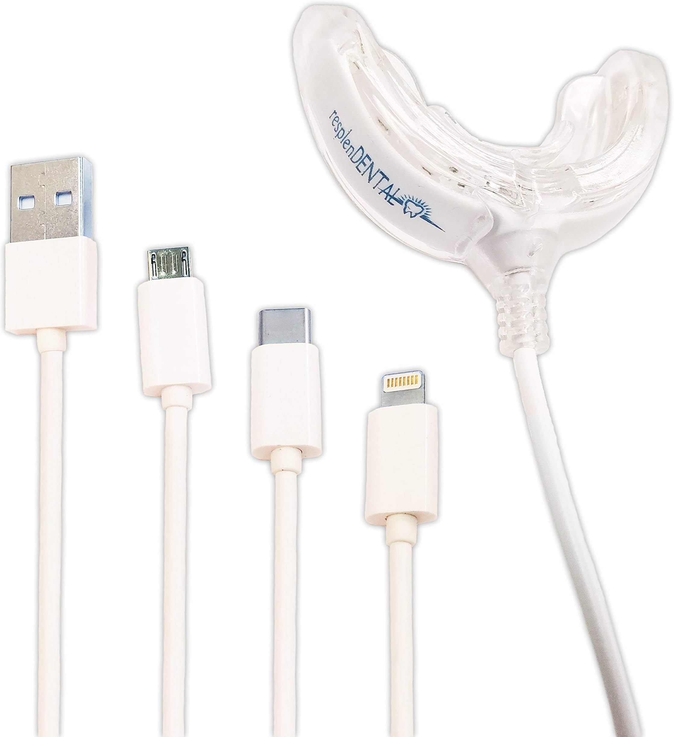 Teeth Whitening Light Tray Kit by resplenDENTAL - 16 Blue LEDs - 4-in-1 Adapter for iPhone, Android, USB-C & USB - DIY at Home with Professional Results - Use With Teeth Whitener Gel/Whitening Strips