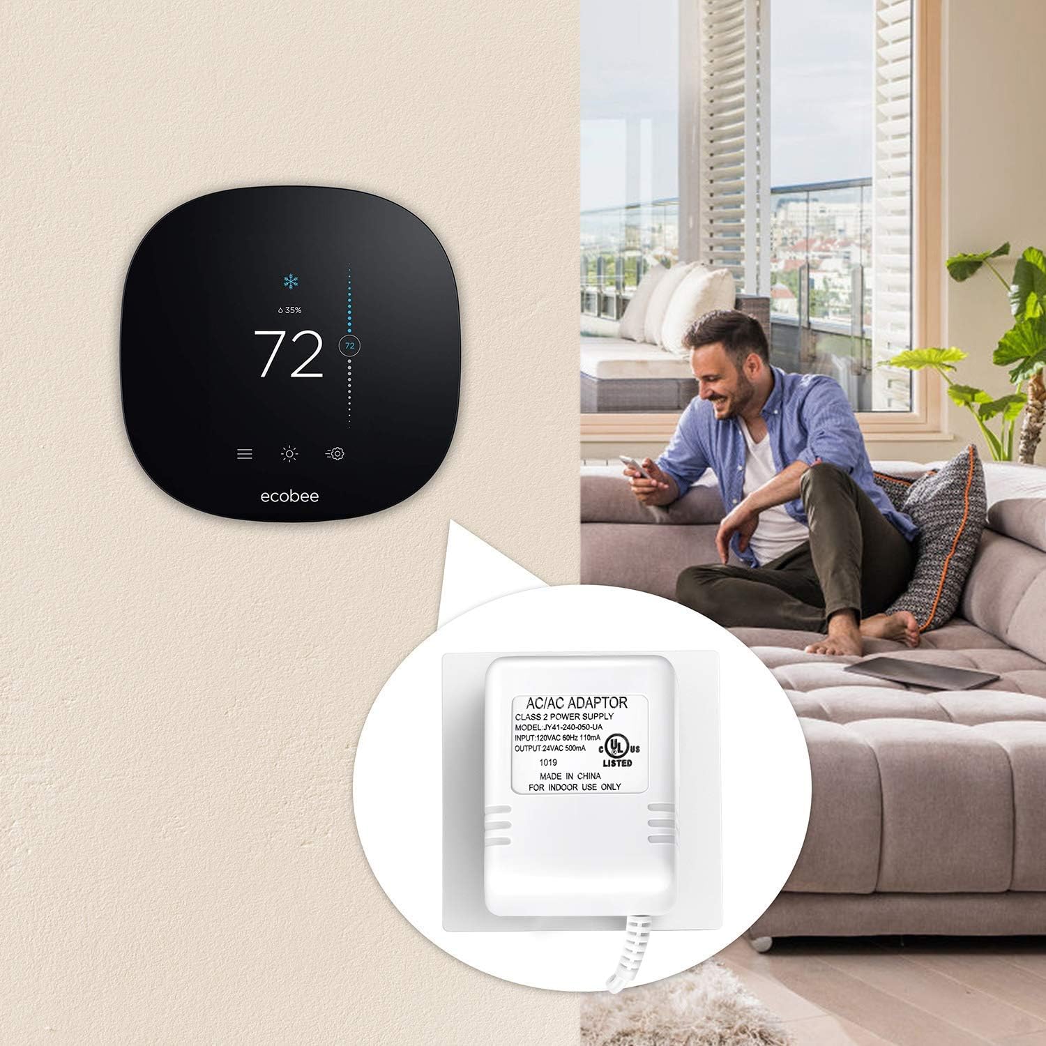 24 Volt Transformer, 500mA Power 500cm Cable C Wire Adapter for All Version Ring Doorbell, Competible with Nest Hello Skybell Ecobee Sensi Smart and Honeywell Thermostat (24V)