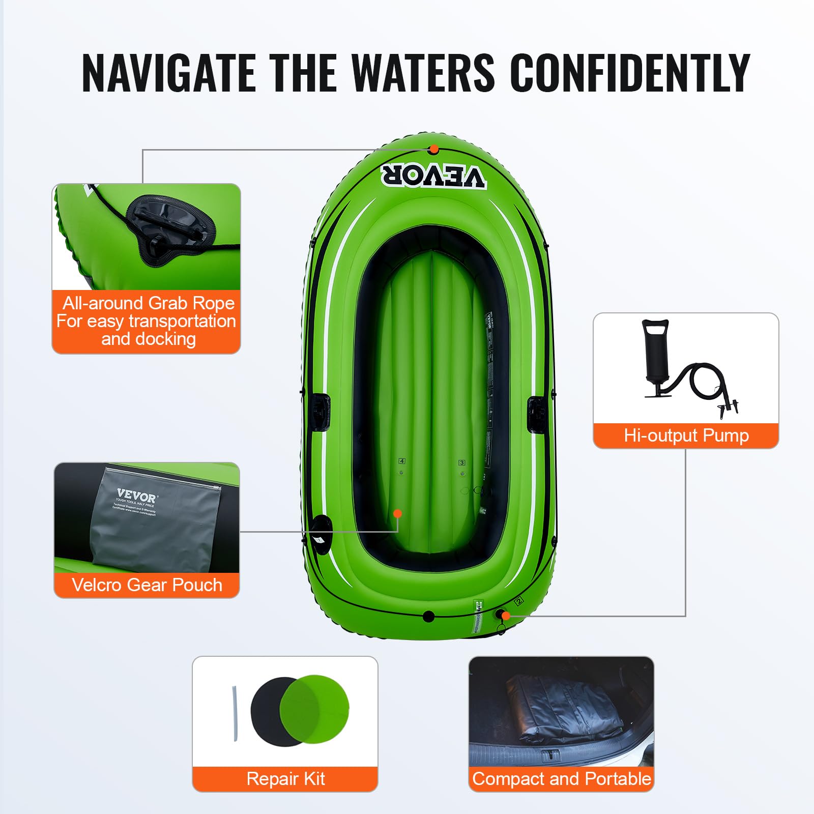 VEVOR Barco inflable, barco de pesca inflable para 2 personas, kayak de PVC resistente, con remos de aluminio de 46 pulgadas, bomba de alta eficiencia, capacidad de carga 500 libras para adultos niños