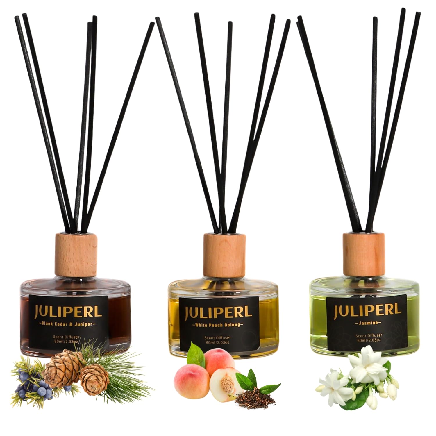Reed Diffuser Set – Jasmine, Black Cedar Juniper & White Peach Scents - Long Lasting Home Fragrance -Elegant Wooden Cap - Aromatherapy for Home - Office & Bathroom Decor