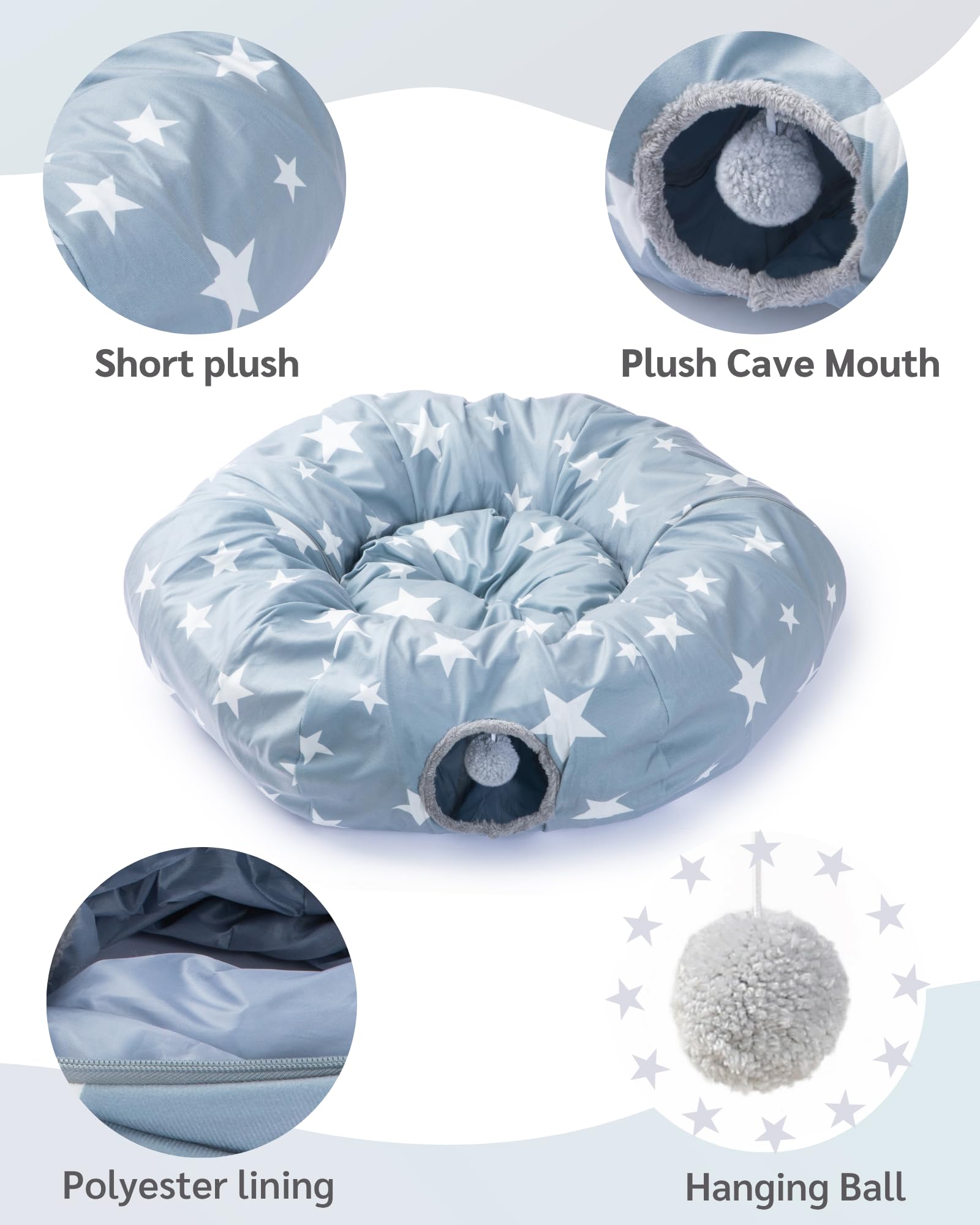 JanYoo Grand tunnel pour chat d'intérieur - Lit en forme de donut avec balle - Pliable - Interactif - Jouet pour chat d'intérieur - Gris