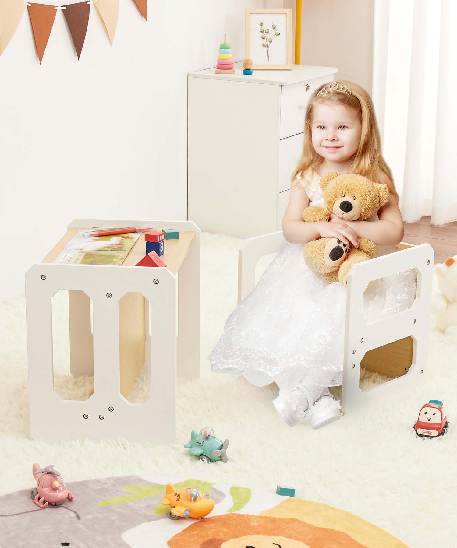 Yorbay Tisch und Stuhl Set für Kinder Kinderschreibtisch mit 1 Hockern, Kindersitzgruppe 3 in 1-Wendehocker & zum Kinderarbeitsplatz umwandelbarer Kinderbank, Kindermöbel(Natur, M)