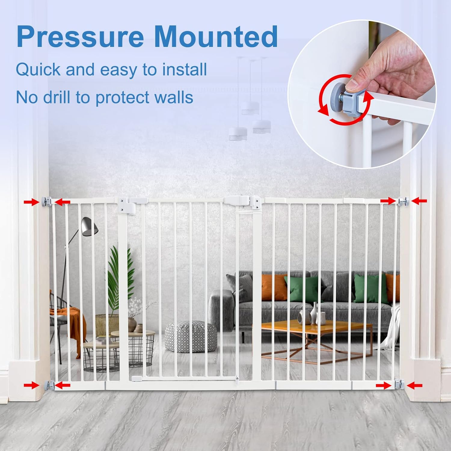 Kinfant Extra Wide Baby Gate - 58-Inch White Doorway & Stair Gate, Tall & Adjustable Extension Pressure Pet Gate, with Extension Kit, Pressure Mount Kit, Wall Cups