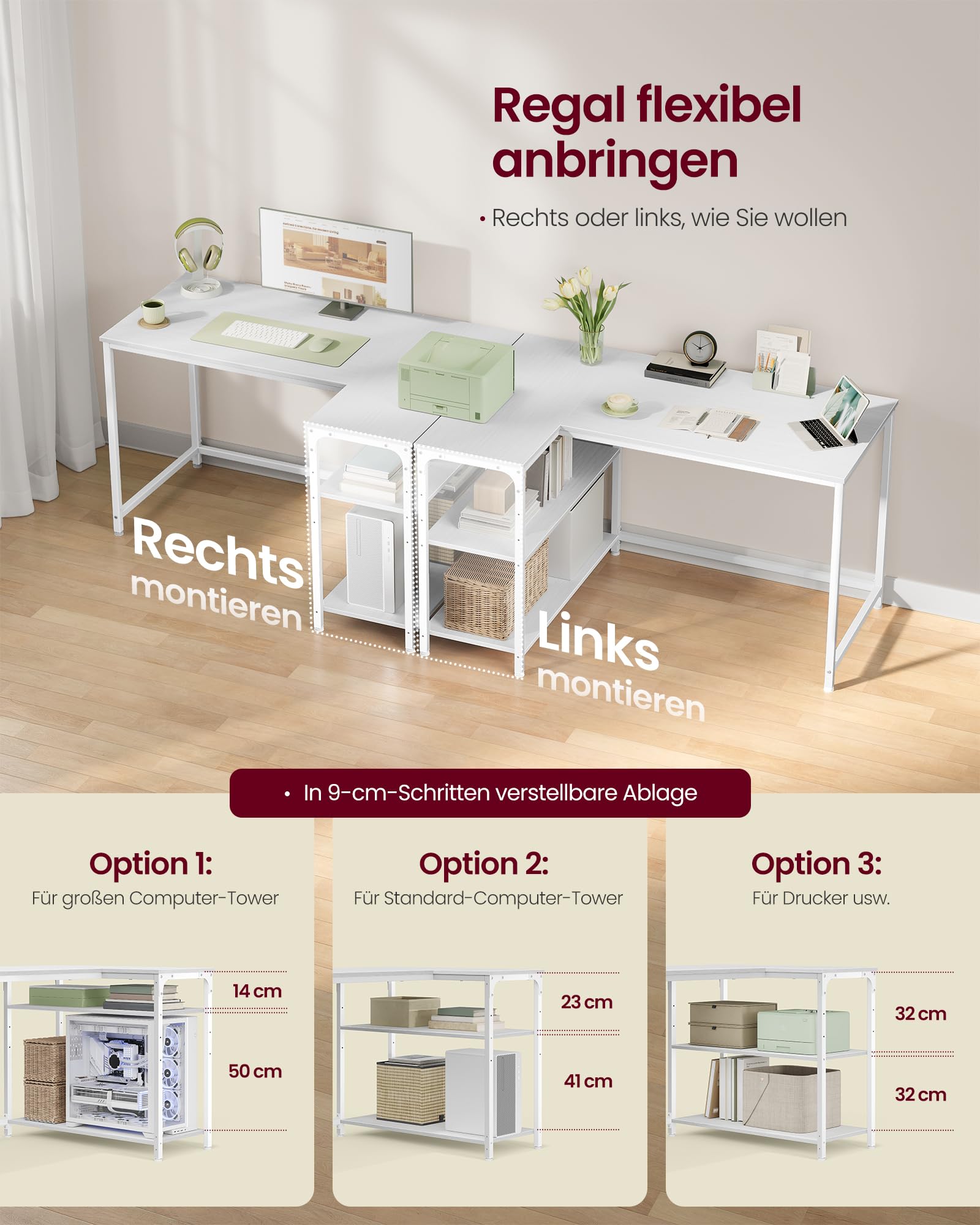 VASAGLE Eckschreibtisch in L-Form, Computertisch mit Stauraum, Bürotisch, höhenverstellbare Ablage, für Homeoffice, 110 x 80 cm, ahornweiß LWD135WF01