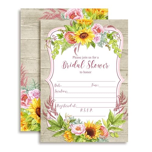 AmandaCreation - Invitaciones florales de acuarela para despedida de soltera con girasoles y peonías, 20 tarjetas de relleno de 5 x 7 con veinte