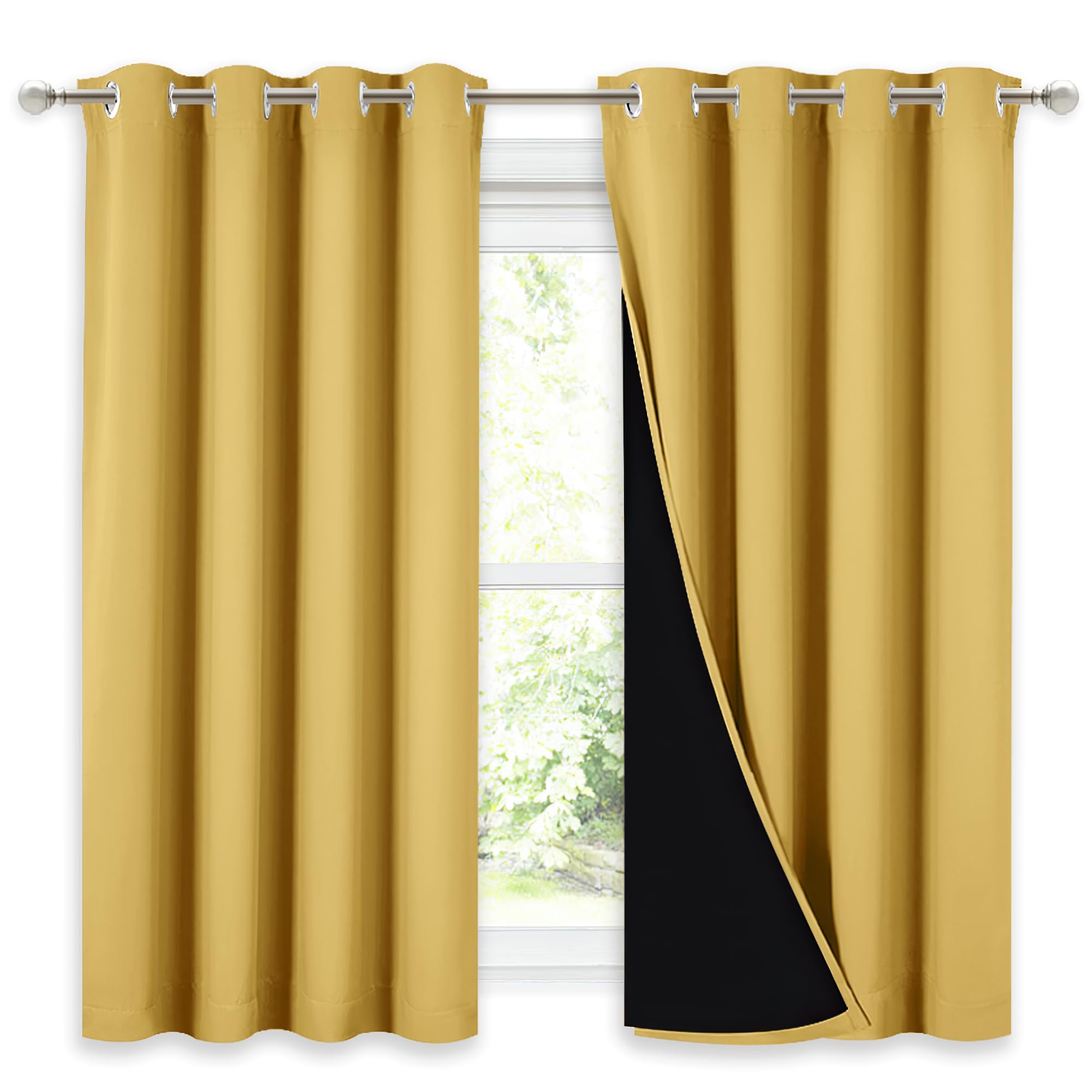 NICETOWN 100% Blackout Curtains with Black Liners, Thermal Insulated Full Blackout 2-Layer Lined Drapes, Noise Cancellation Window Drapes for Dining Room (Bright Yellow, 2 Panels, 52" W by 54" L)
