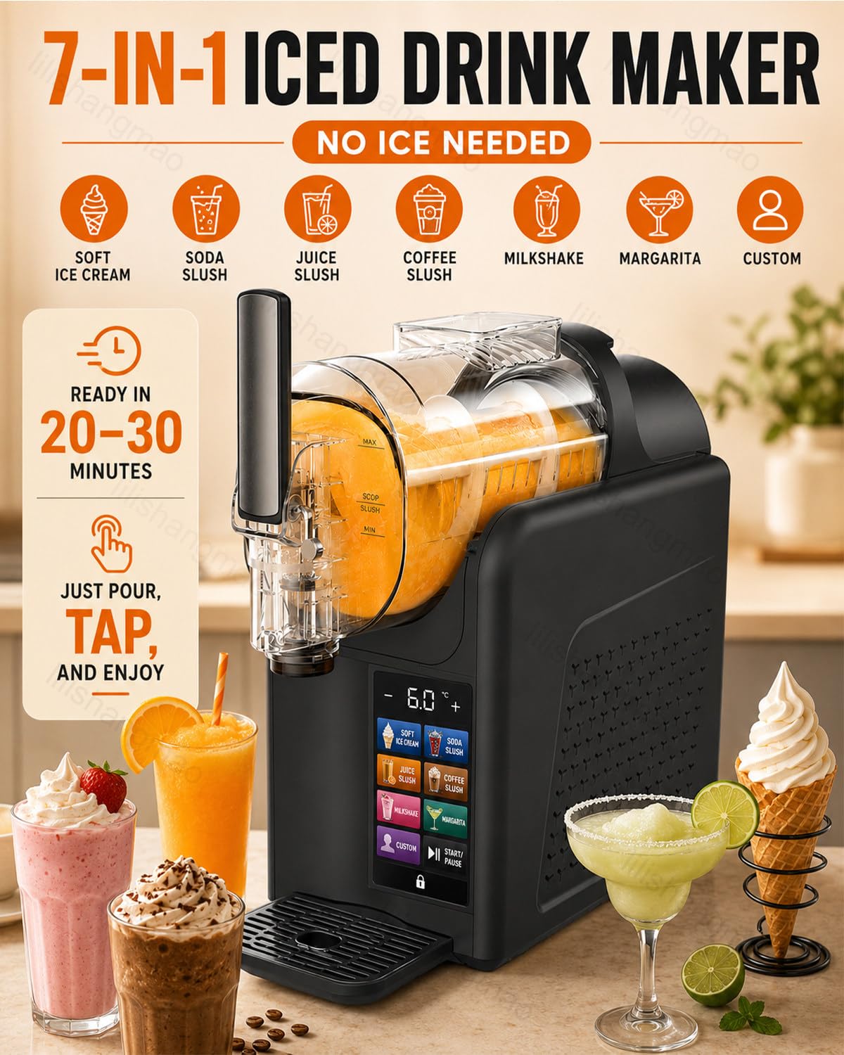 Máquina para Bebidas Frías con Pantalla Táctil – Máquina De Granizados 7 En 1,Ajusta La Textura De Hielo A Espesa,Prepara Helado Suave,Café Helado Y Cuenta con Bloqueo De Seguridad White