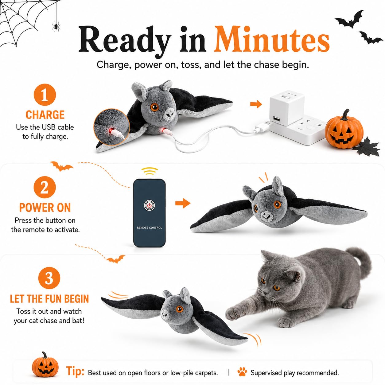 Pealeaf Murciélago Volador para Perros y Gatos, Juguete Interactivo de Peluche Recargable por USB con alas móviles, Hierba gatera y Gancho para perseguir en Interior (3PCS)