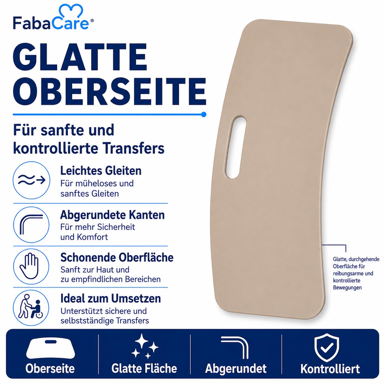 FabaCare Rutschbrett für Rollstuhlfahrer EasyTransfer wave, Rollstuhlbrett, Transferbrett, Umsetzbrett gebogen mit Griff, Transferhife vom Rollstuhl, Auto und Bett, bis 130 kg, Länge 67 cm