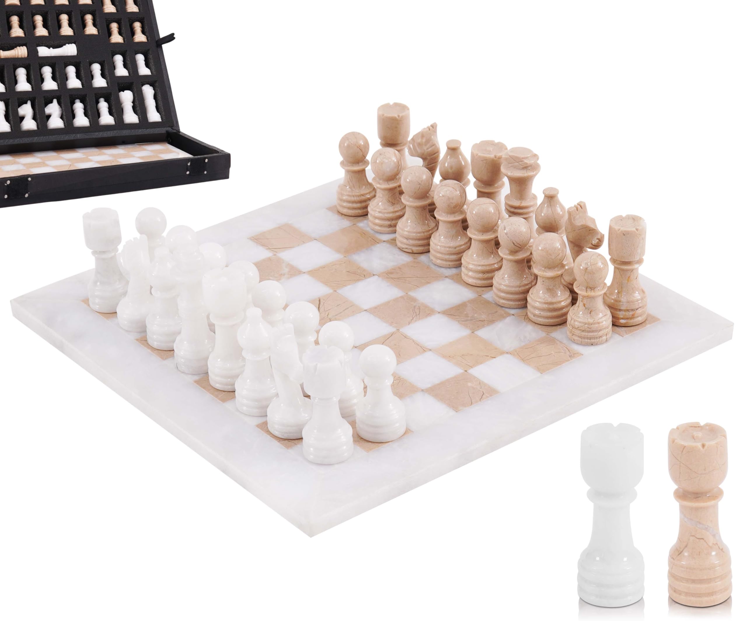 MARBLE RANGE Set 12" Inches White and Verona Handmade Chess Sets for Adults - Marble Board Game for Family with Storage Box & 2 Extra Queen, Ideal Travel Chess Set & Home Décor