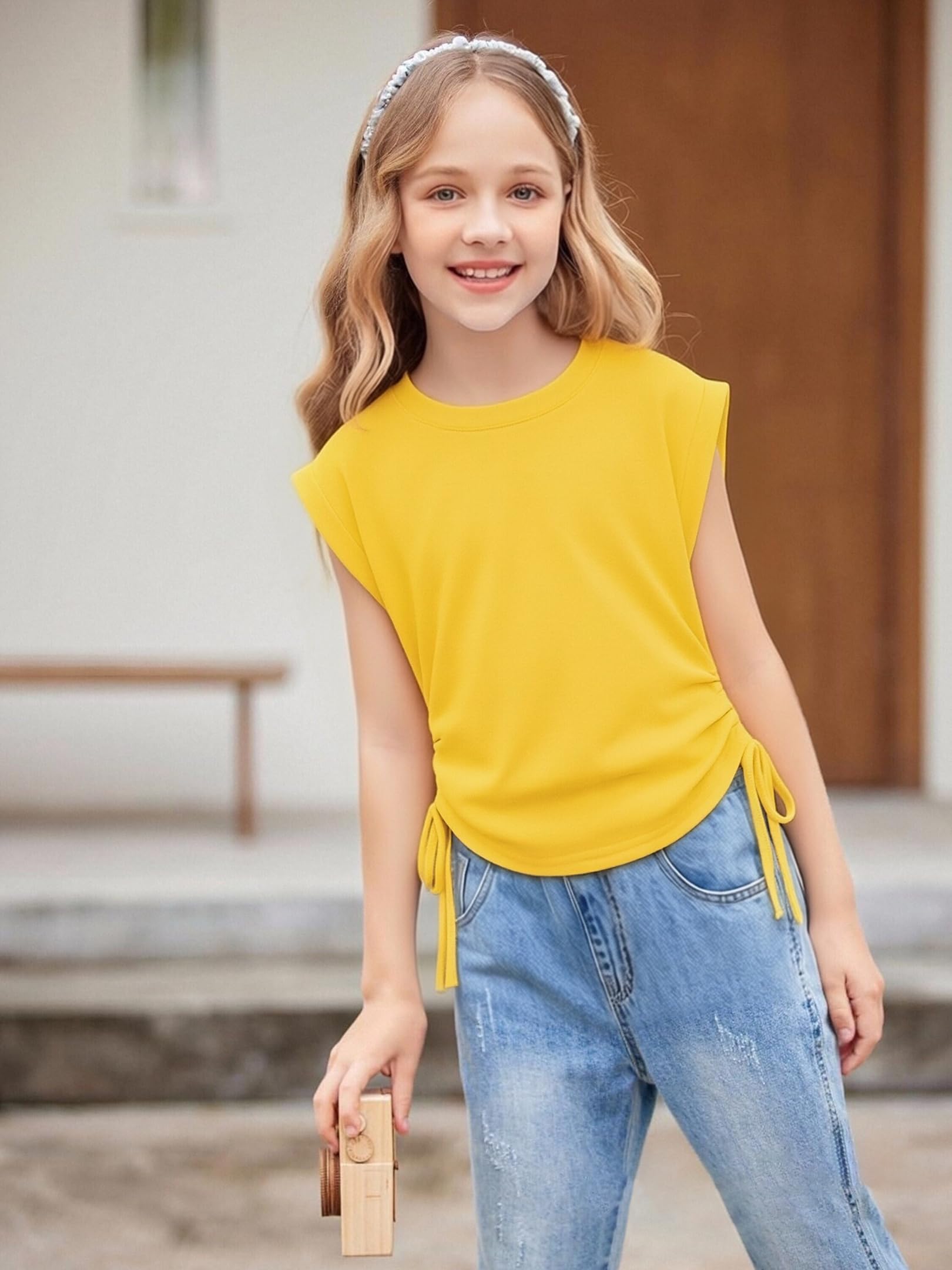 Arshiner Niñas Camisetas Manga Corta Extended Shoulder Niños Verano T-Shirt Algodón Cuello Redondo Manga Corta Shirt y Cordón para Niñas 6-14 Años
