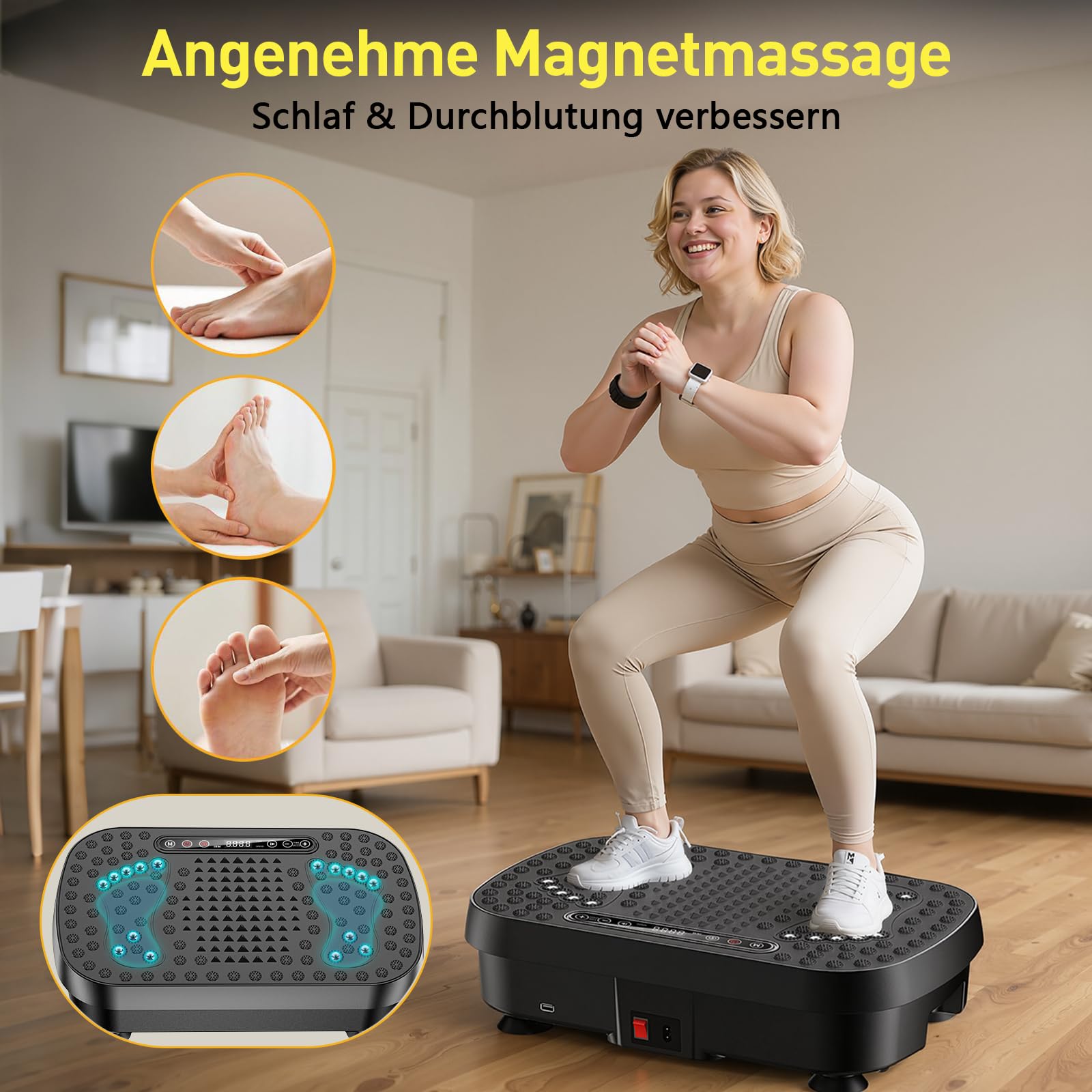 Vibrationsplatte für Lymphdrainage & Gewichtsreduktion – 9 Modi Vibrationsplattform, 3D Upgraded Fitnessgerät, Heimtrainer für Zuhause