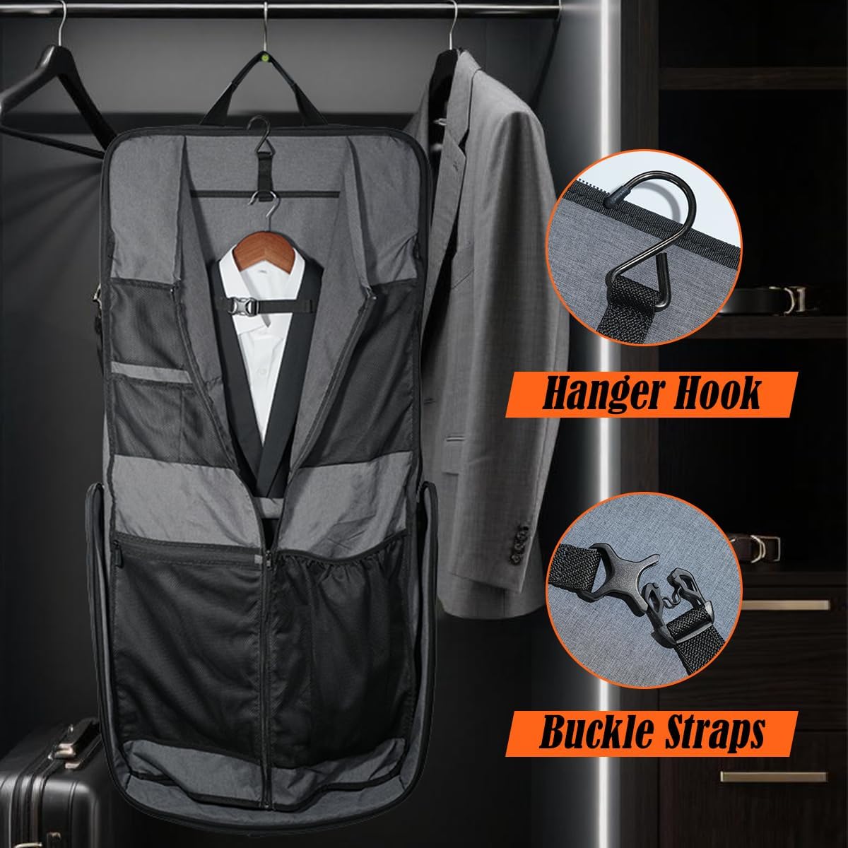 WELKINLAND 3-Suits Garment Bag for Travel with Toiletry Bag, 30L-Large Suit Carry On Garments Bag for Travels, 15-Pockets Suits Holder Travel Bags, Wrinkle-Free Suit and Dress Garment Bag for Travels - Image 6