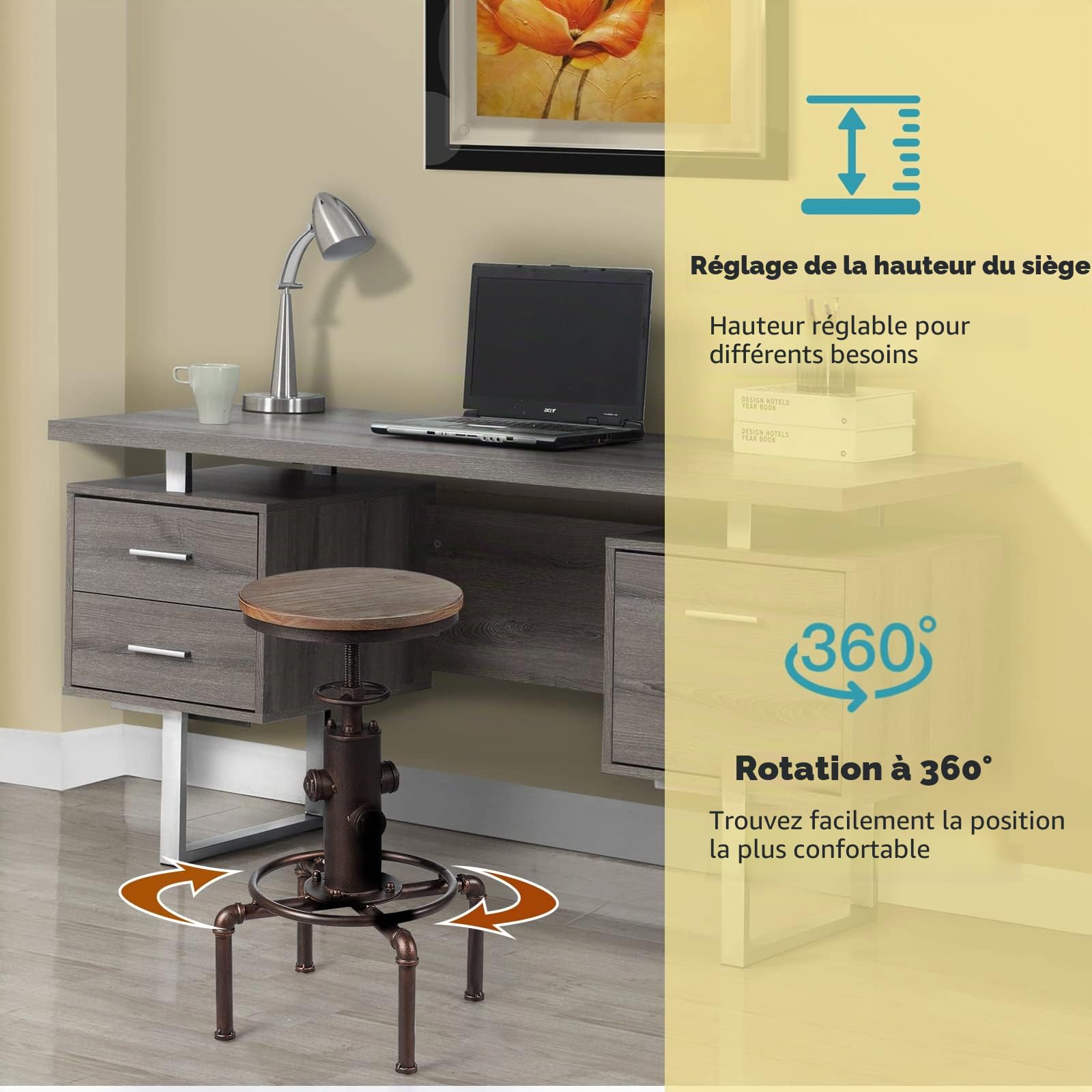 LIFEZEAL Tabouret de Bar Industriel Réglable en Hauteur | Chaise Haute Pivotante 360° avec Repose-Pieds, Siège en Pin 33x33CM, Structure en Fer, Charge 150 KG, Bronze